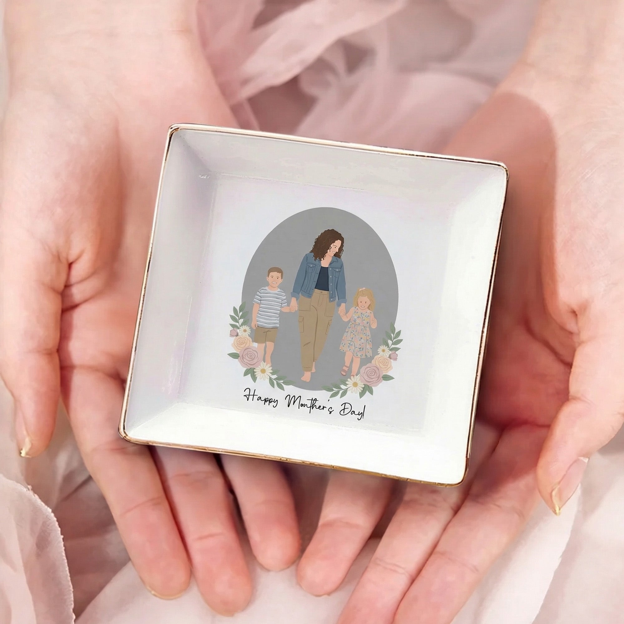 Personalizado estilo minimalista foto flor de cerámica baratija joyería plato con texto Día de la Madre cumpleaños aniversario regalo para mamá novia Bestie