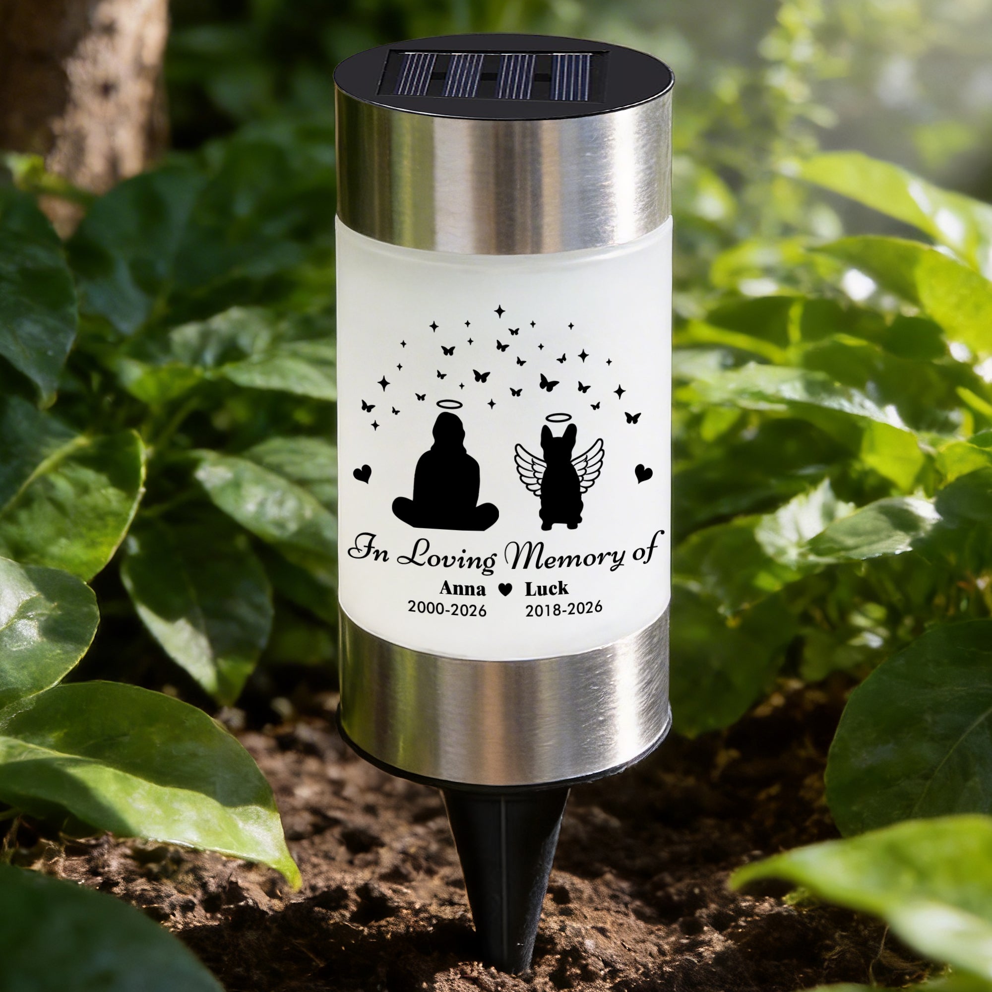 Lámpara solar de jardín personalizada con nombre y año de la mascota en forma de ala de ángel Decoración de jardín Regalo conmemorativo de simpatía para el dueño de una mascota familiar