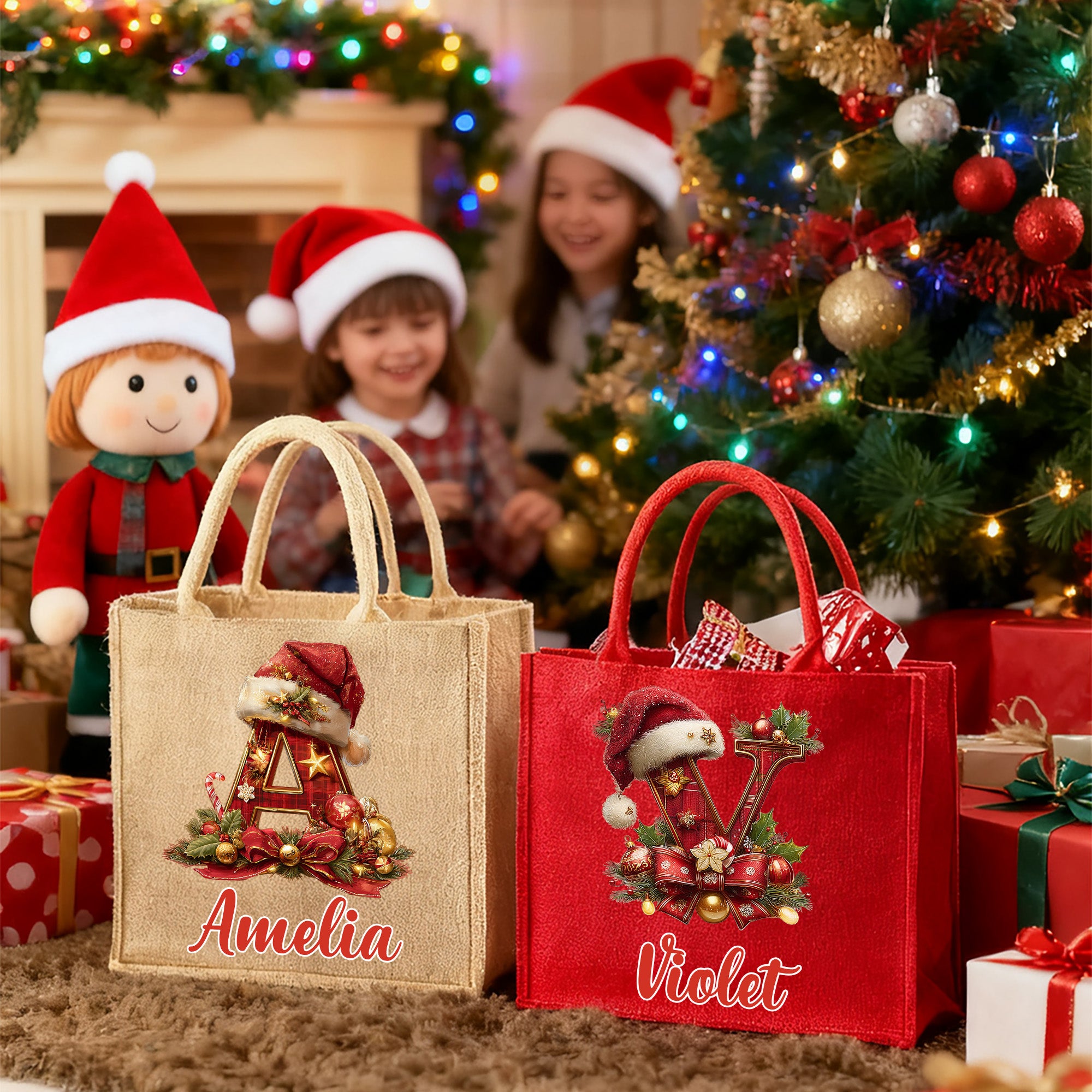 Gorro de Papá Noel personalizado Holly diseño inicial Bolsa de yute grande con nombre Fiesta de Navidad Regalo para familia amigos