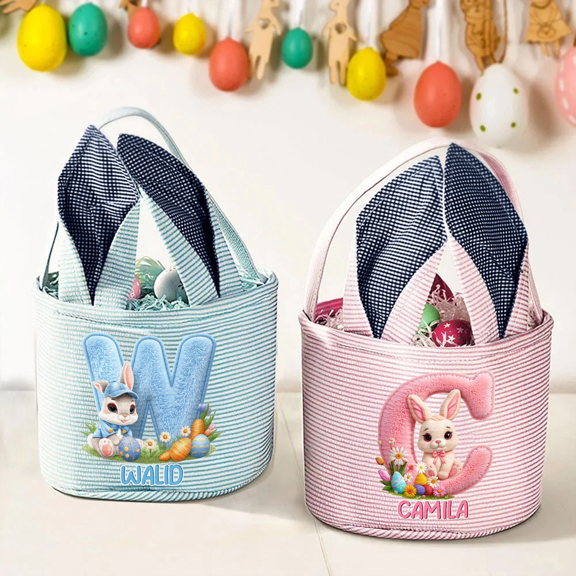Cesta de Pascua personalizada con nombre e inicial efecto 3D simulado orejas de conejo rayas regalo de Pascua búsqueda de huevos para niños