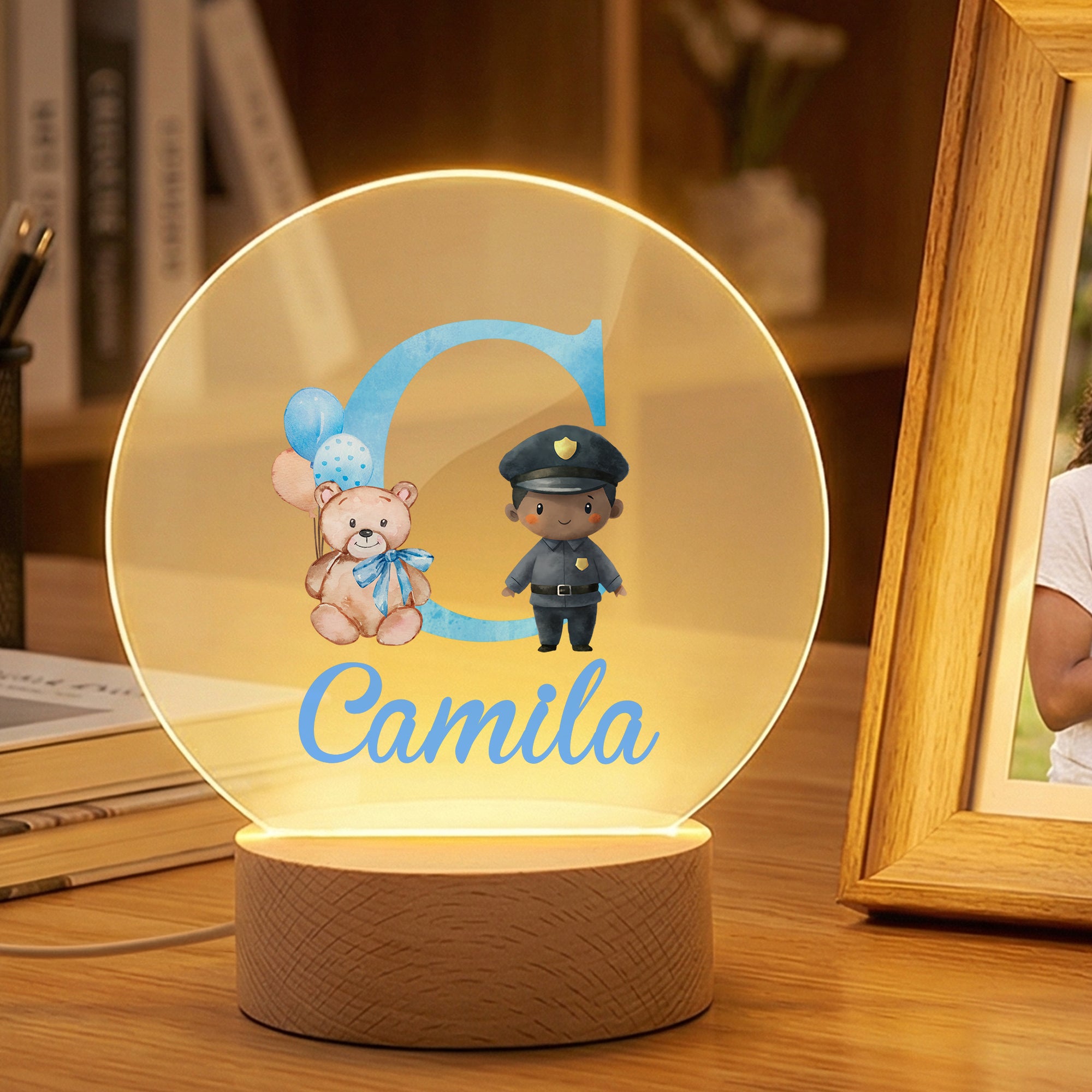 Globo Personalizado Lindo Oso Caricatura Personaje Inicial LED Luz de Noche con Nombre y Base de Madera Cumpleaños Baby Shower Regalo para Niños