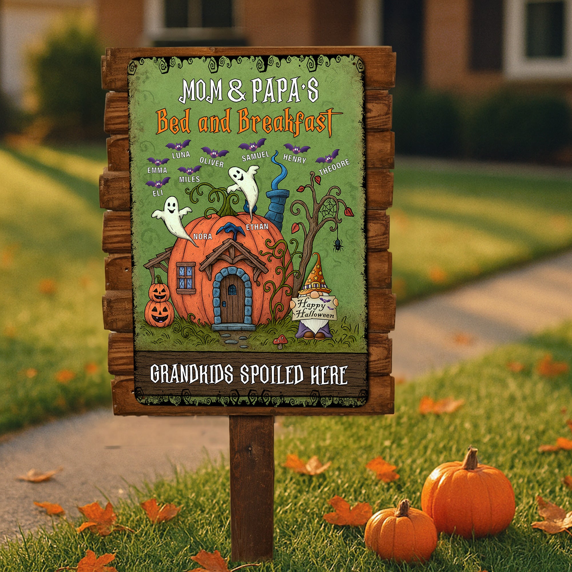 Calabaza Personalizada Casa Jardín Letrero Vertical de Metal con Nombre y Título Decoración de Jardín Regalo de Halloween para Abuelos Amantes de la Jardinería