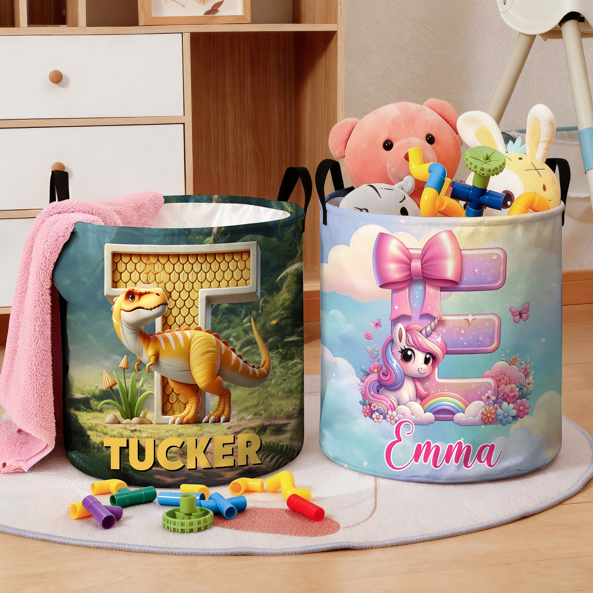Lazo personalizado Fantasía Unicornio Dinosaurio Impermeable Cesto de la Ropa con Nombre Cumpleaños Día del Niño Regalo para Niños Niñas
