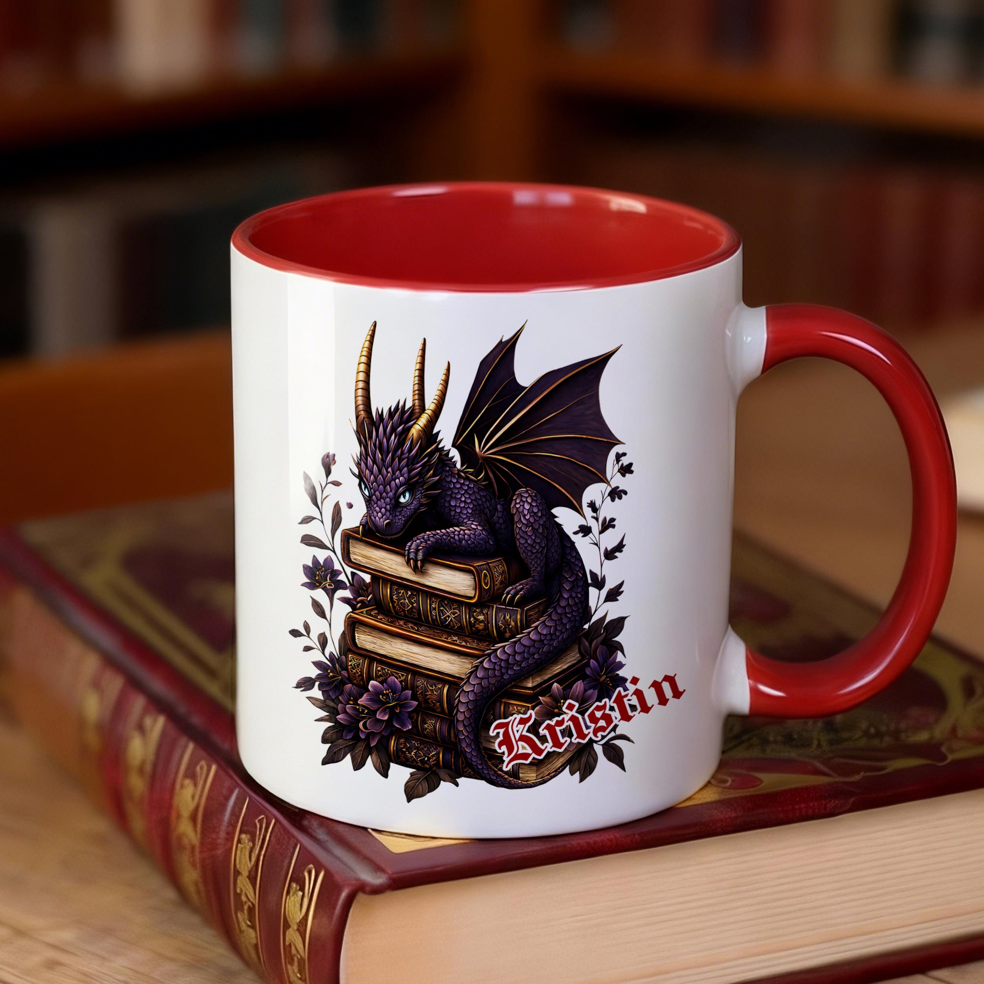 Personalizada Floral Libro Dragón Nombre 11 oz 15 oz Taza de cerámica con interior de color y mango Regalo de cumpleaños para los ratones de biblioteca amantes de los libros