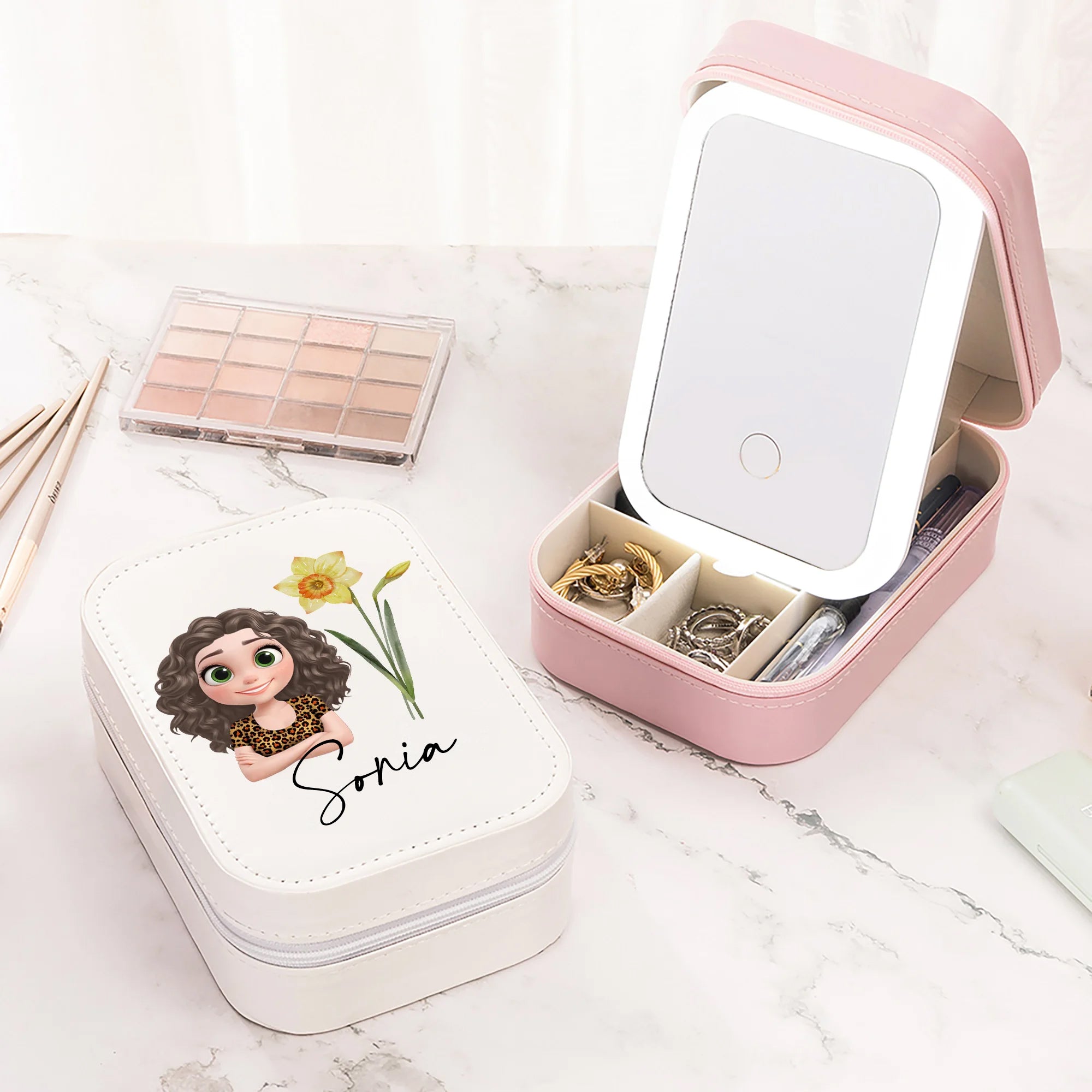 Joyero personalizado de cuero PU con personaje de dibujos animados 3D flor de nacimiento nombre y espejo LED regalo de cumpleaños para mujeres