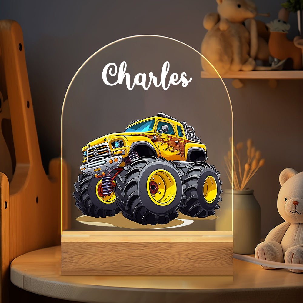 Personalizado de dibujos animados Big Wheel Off-Road Truck Nombre del vehículo LED Luz de noche con base de madera y ajustable 7 colores Decoración del hogar Regalo de cumpleaños para los niños