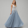 Bridal Wedding Dress Dusty Blue Sleeveless Long V-Neck Ball-Gown Princess Tulle