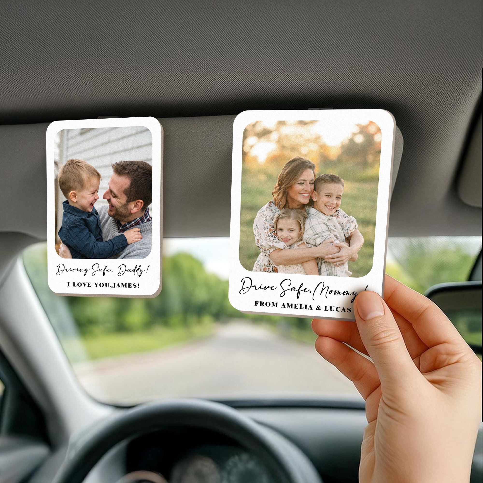 Foto personalizada de madera Visera del coche clip con el texto Accesorios para el coche Cumpleaños Aniversario Regalo para mamá papá Parejas
