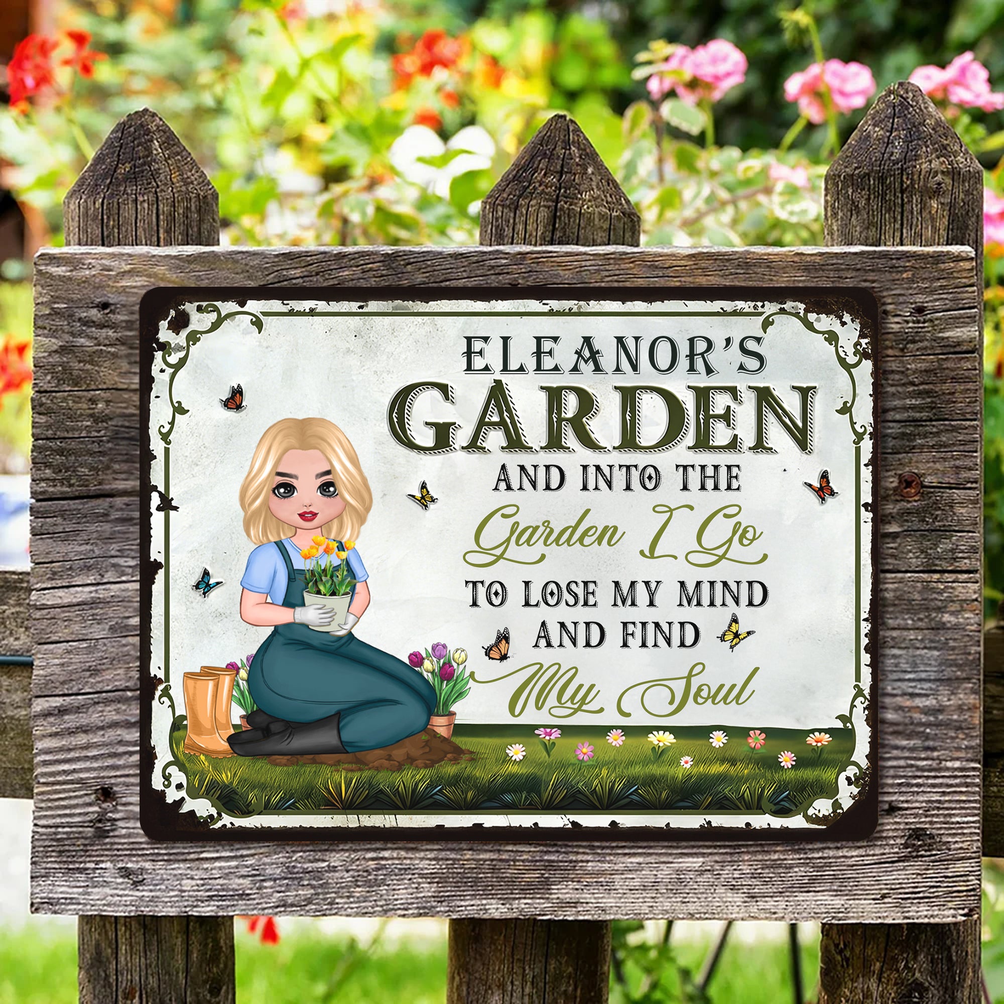 Cartel de jardín de hojalata personalizado con el nombre de un personaje de dibujos animados vintage Decoración de jardín Regalo de cumpleaños para abuelos amantes de la jardinería