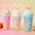 Botella de agua con pajita y nombre personalizada Ice Cream Waffle Bunny 15 oz Cumpleaños Vacaciones de verano Regalo de viaje para niños