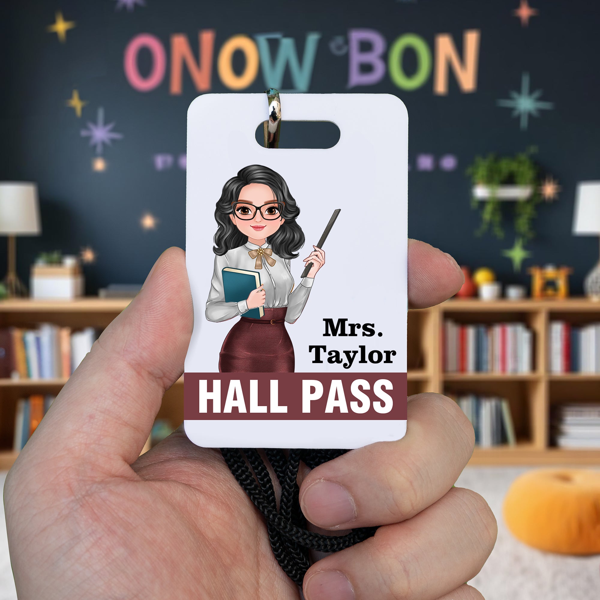 Personalizado de dibujos animados Maestro Clipart acrílico pase de clase con el nombre de cordón de vuelta a la escuela Día del Maestro Apreciación Regalo para el Maestro