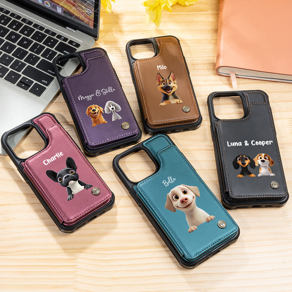 Personalizado 3D Cartoon Dog Leather Flip Wallet Phone Case with Name and RFID Blocking Card Holder Birthday Gift for Dog Dad Dog Mom Pet Lovers