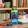 Botella de agua con pajita de silicona y asa personalizada Big Wheel Off-Road Truck Initial Name 16 oz Kid Water Bottle with Silicone Straw and Handle Birthday Back to School Gift for Boys Girls