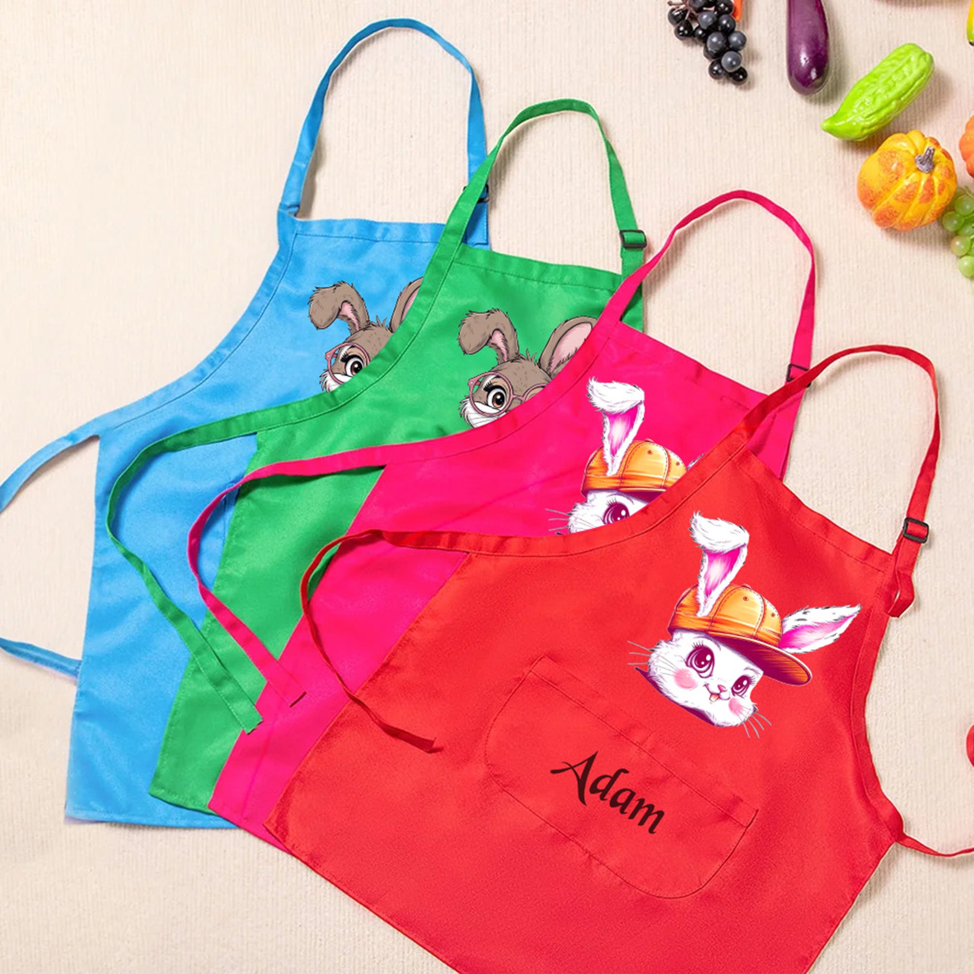 Conejito de Pascua personalizado Delantal ajustable para niños Gorro de cocinero con nombre y bolsillo Accesorio de cocina Regalo de Pascua para niños Niñas
