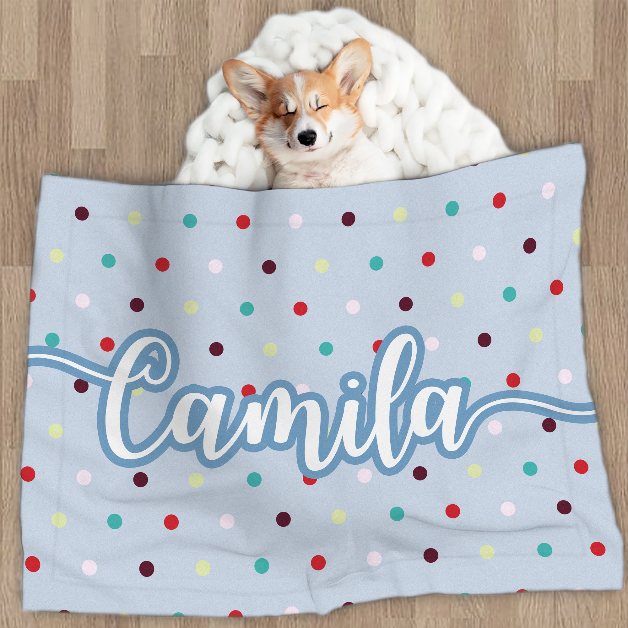 Manta de lunares multicolor personalizada con el nombre de la mascota Decoración del hogar Regalo de cumpleaños para dueños de mascotas