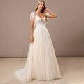 Bridal Wedding Dress Ivory-Cream Flutter Sleeve Long V-Neck A-line