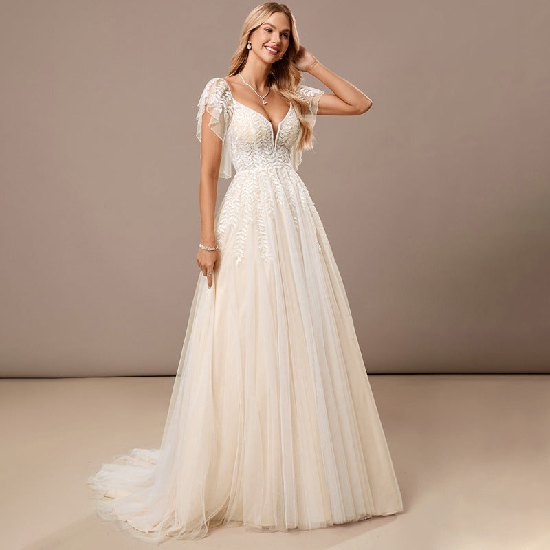 Bridal Wedding Dress Ivory-Cream Flutter Sleeve Long V-Neck A-line