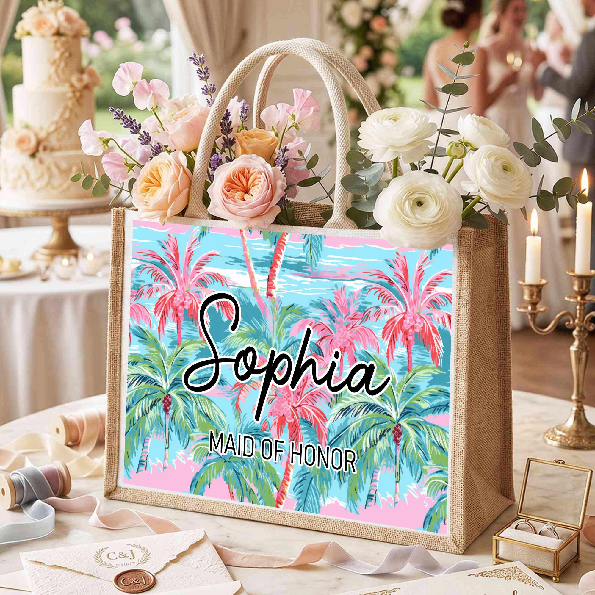 Bolsa de yute de gran capacidad personalizada con nombre y texto Palmera de colores dibujada a mano Regalo de cumpleaños de uso diario para hermana amiga