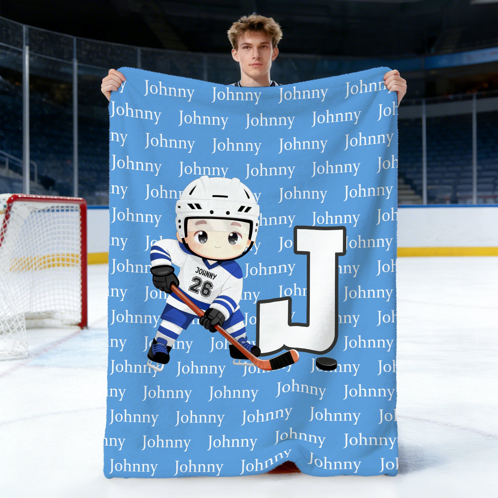 Manta blanda personalizada con nombre y número de jugador de hockey sobre hielo de dibujos animados Decoración para el hogar Regalo para los aficionados al hockey sobre hielo