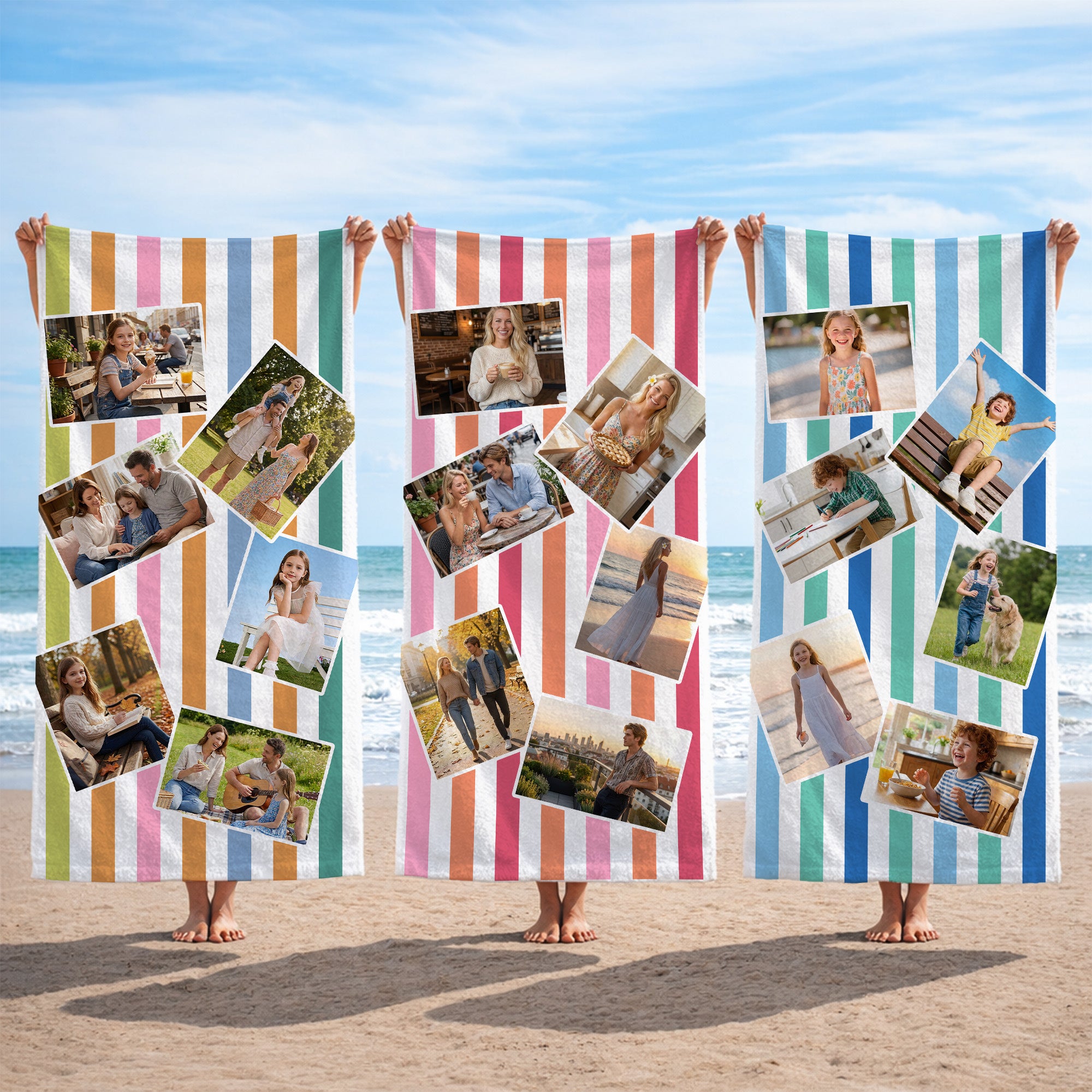 Toalla de playa de gran tamaño de secado rápido con diseño de rayas personalizado con 6 fotos Vacaciones de verano Fiesta en la playa Regalo de cumpleaños para un amigo de la familia