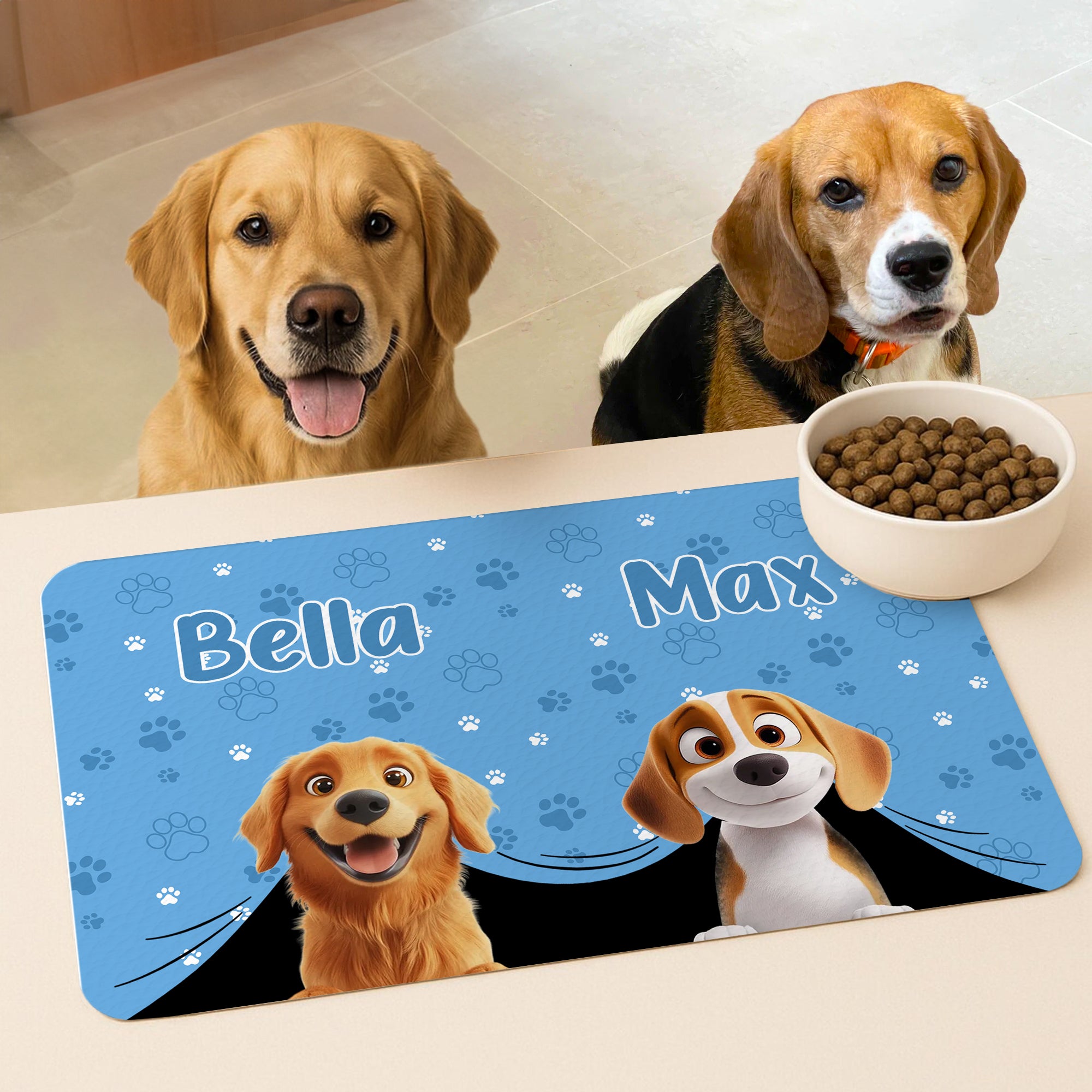 Alfombrilla impermeable personalizada en 3D con dibujos animados de perros para dar de comer a las mascotas, con nombre y respaldo de goma Artículos para mascotas Regalo de cumpleaños para dueños de p