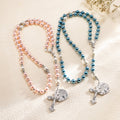 Personalizado Azul Marino Rosa Rosario Cáliz Cruz Collar con Nombre y Fecha grabados Primera Comunión Bautizo Regalo para Cristianos