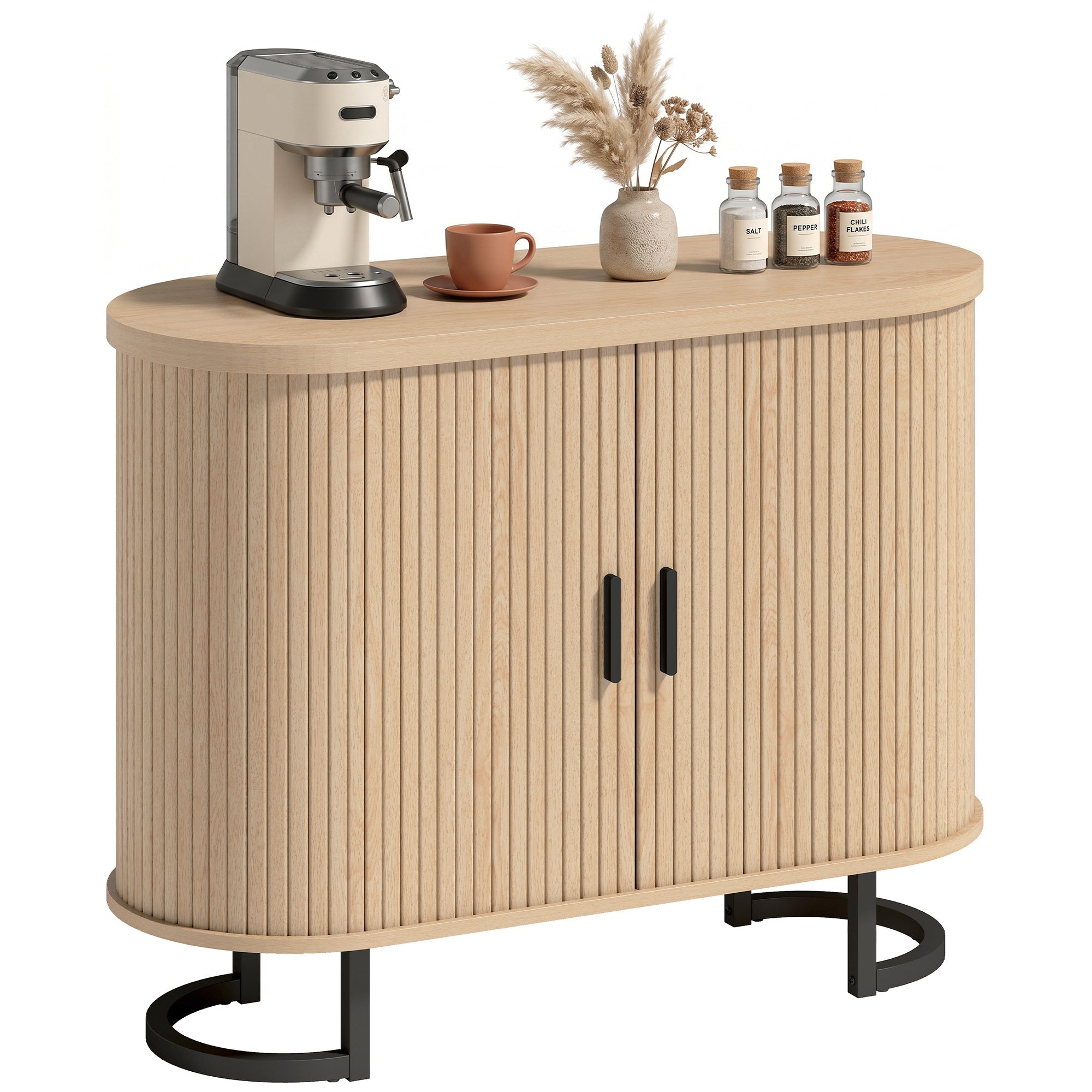 39.4" Sideboard Buffet with Tambour Doors, Thick Top & Metal Legs, Natural Wood