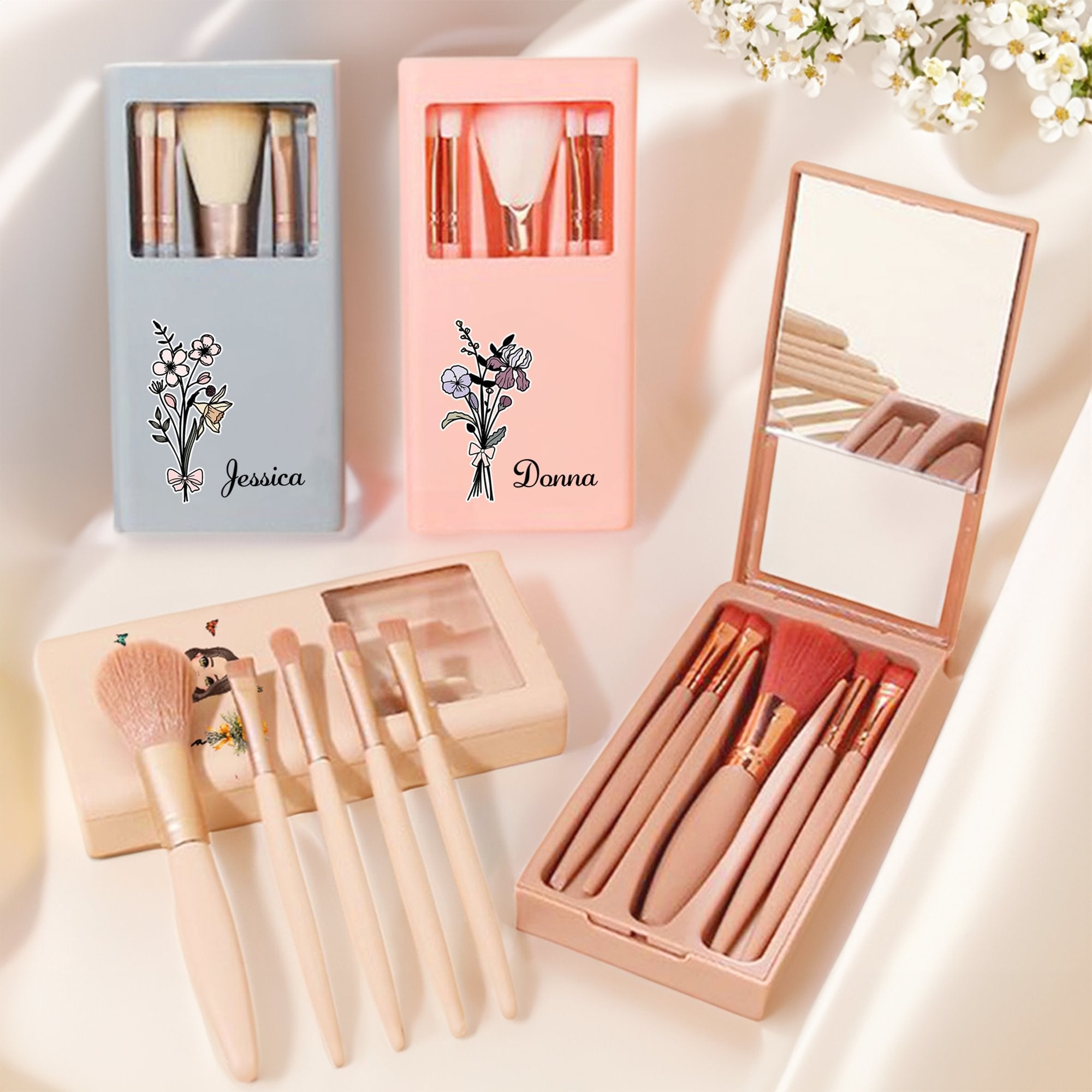 Personalizado Nacimiento Flor Ramo 5 Pcs Makeup Brush Storage Box Set con Nombre y Espejo Navidad Cumpleaños Boda Regalo para Señoras Niñas