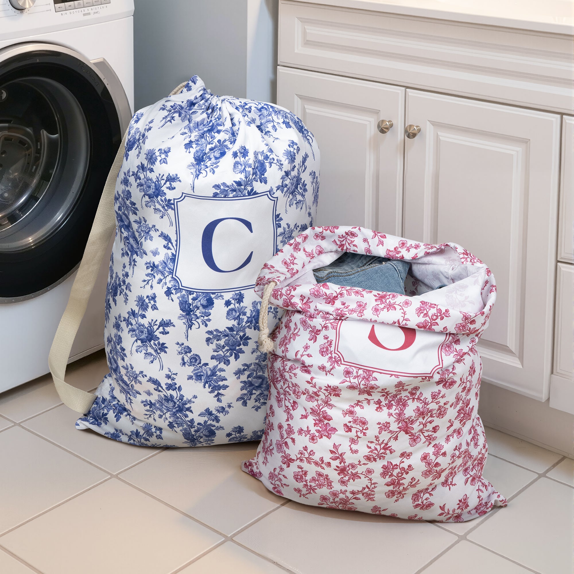 Bolsa de lavandería personalizada de gran capacidad con cordón estilo Toile de Jouy con inicial Dormitorio Regalo de diario de vuelta al cole para estudiantes universitarios