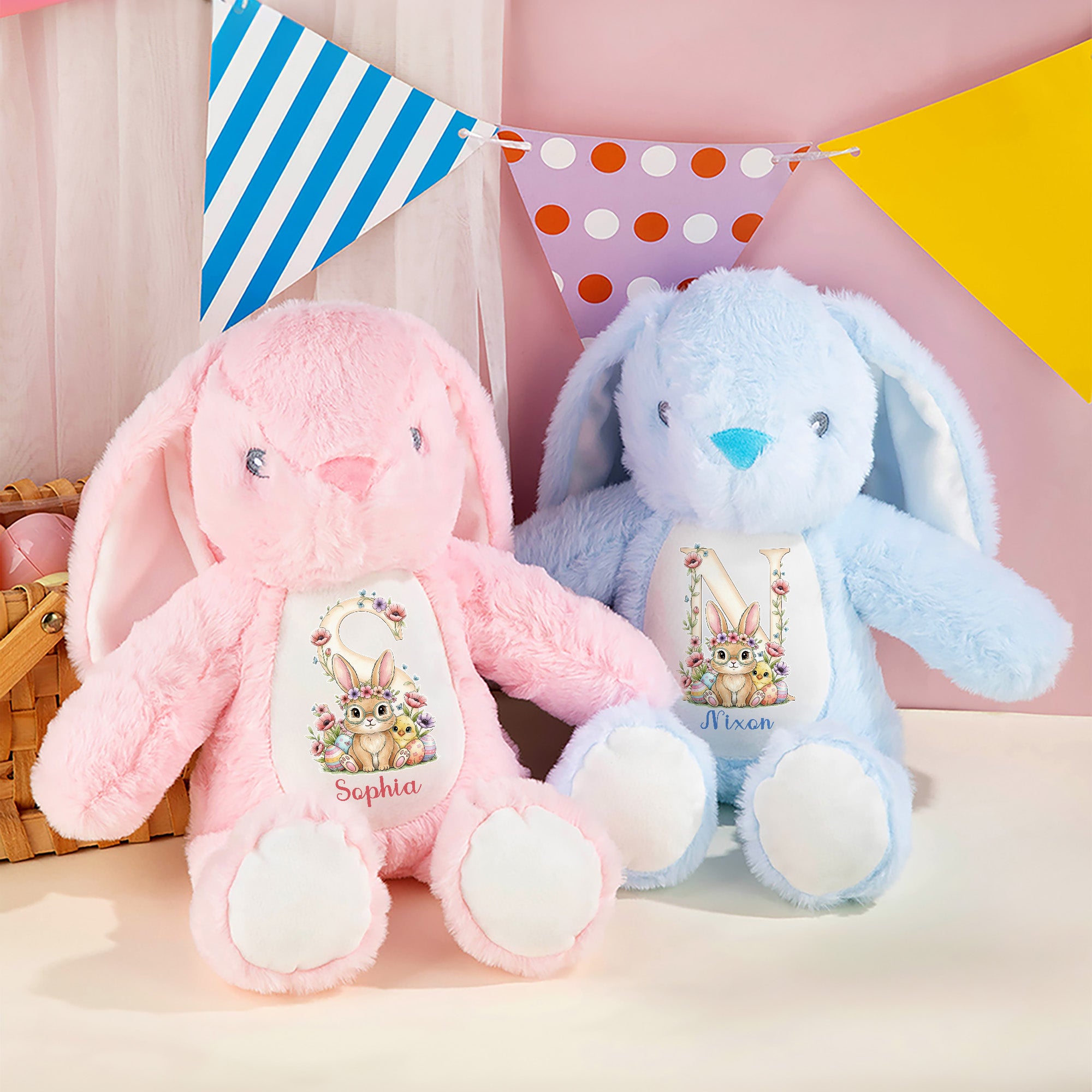 Conejito de Pascua Personalizado Flor Diseño de Iniciales Lindo Conejito Peluche Juguete con Nombre Pascua Cumpleaños Regalo para Niños