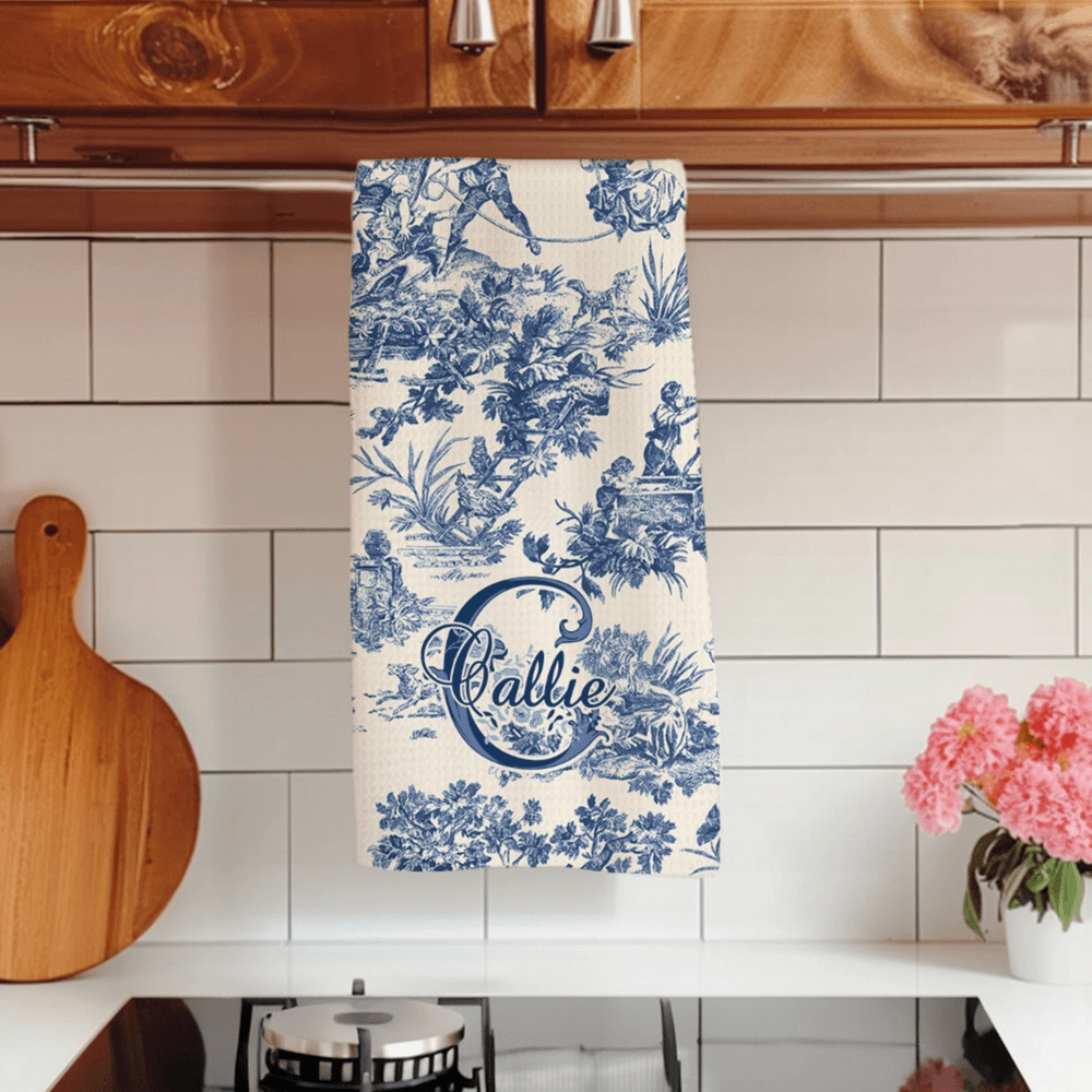 Toalla de cocina personalizada con iniciales y nombre Toile de Jouy francés retro Regalo de compromiso para recién casados Pareja