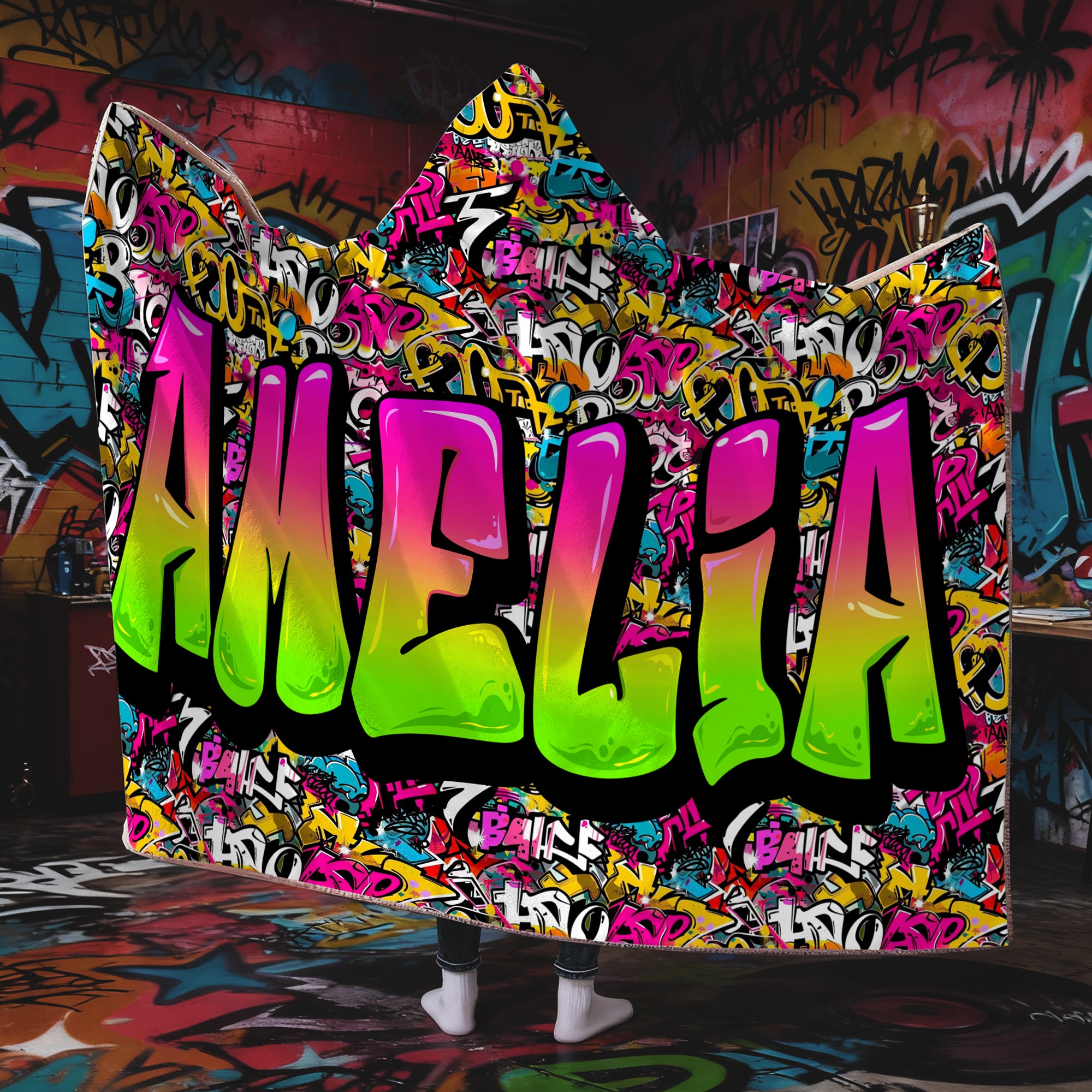 Manta con capucha personalizada estilo graffiti multicolor con nombre Decoración del hogar Regalo de cumpleaños y Navidad para adolescentes Amigos Amantes del graffiti