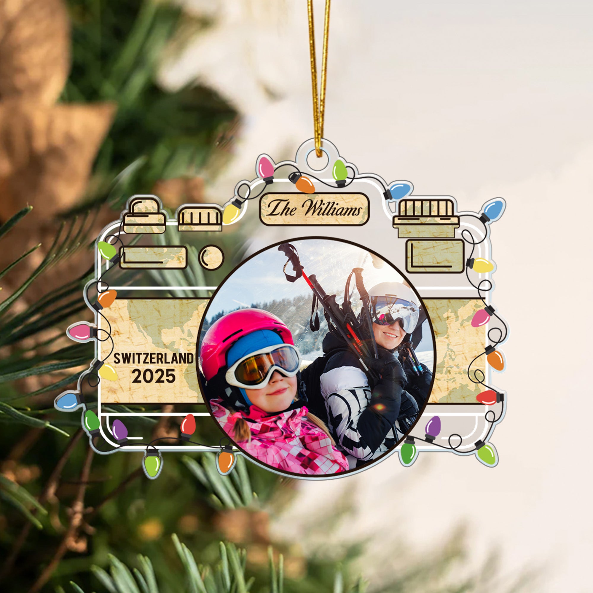 Personalizada de Navidad de luz de la cámara de fotos ornamento de acrílico con el nombre de texto y año de decoración del hogar Regalo de Navidad para la Familia Amigos
