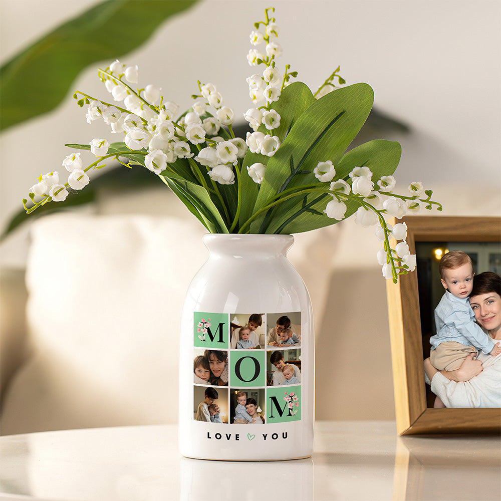 Jarrón de cerámica personalizado de nueve cuadrados Love You Collage de 6 fotos con título Decoración para el hogar Día de la madre Día del padre Cumpleaños Regalo para mamá Papá