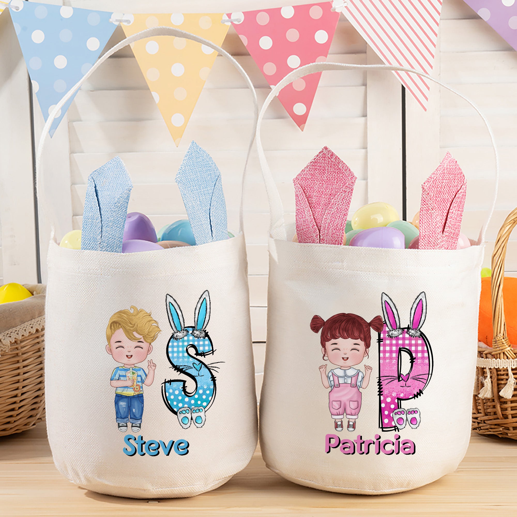 Cesta de Pascua con Orejas de Conejito de Dibujo Personalizada con Inicial y Nombre Fiesta de Búsqueda del Huevo de Pascua Regalo de Cumpleaños para Niños Niñas