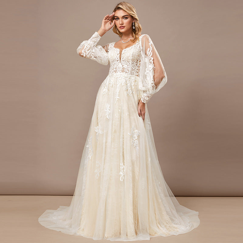 Bridal Wedding Dress Ivory-Cream Long Sleeve Long Square A-line