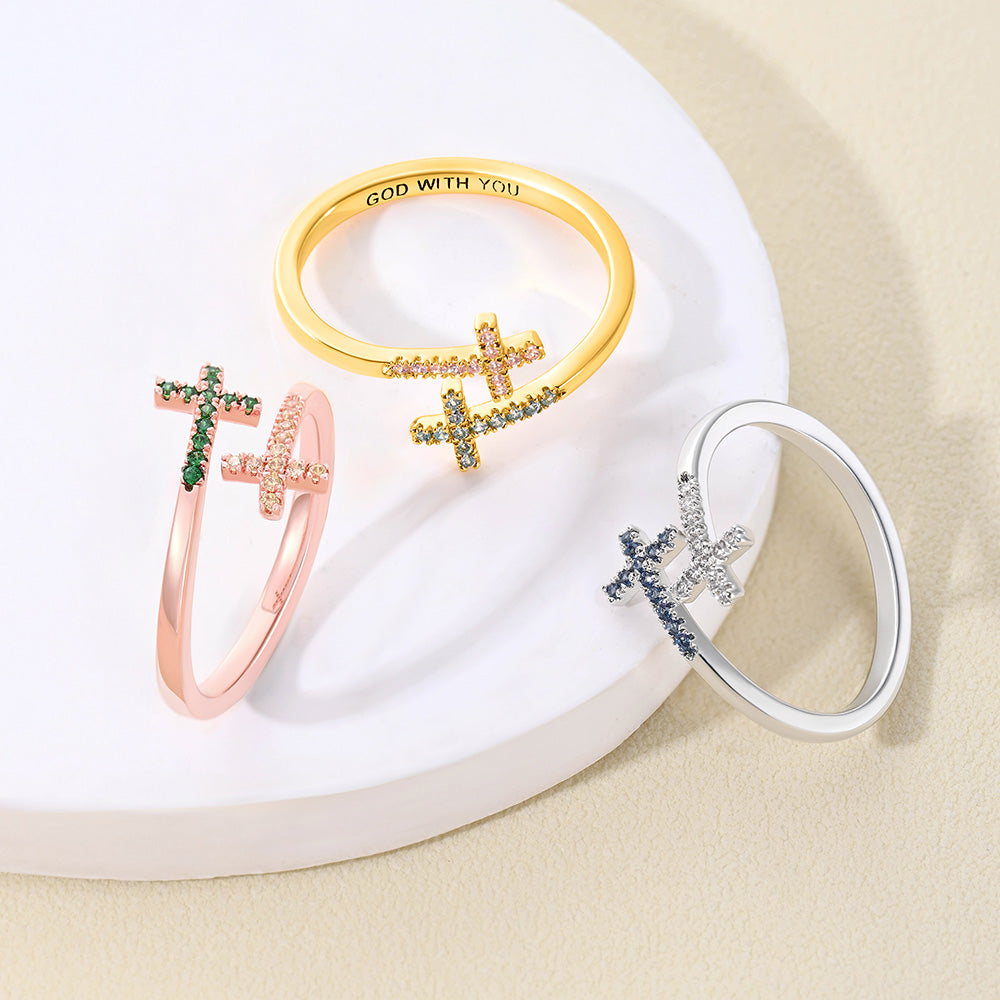 Personalizada Doble Cruz Incrustaciones Piedra de Nacimiento Anillo Abierto con Texto Grabado Joyería Delicada Bautizo Aniversario Cumpleaños Regalo para Mujeres Cristianas