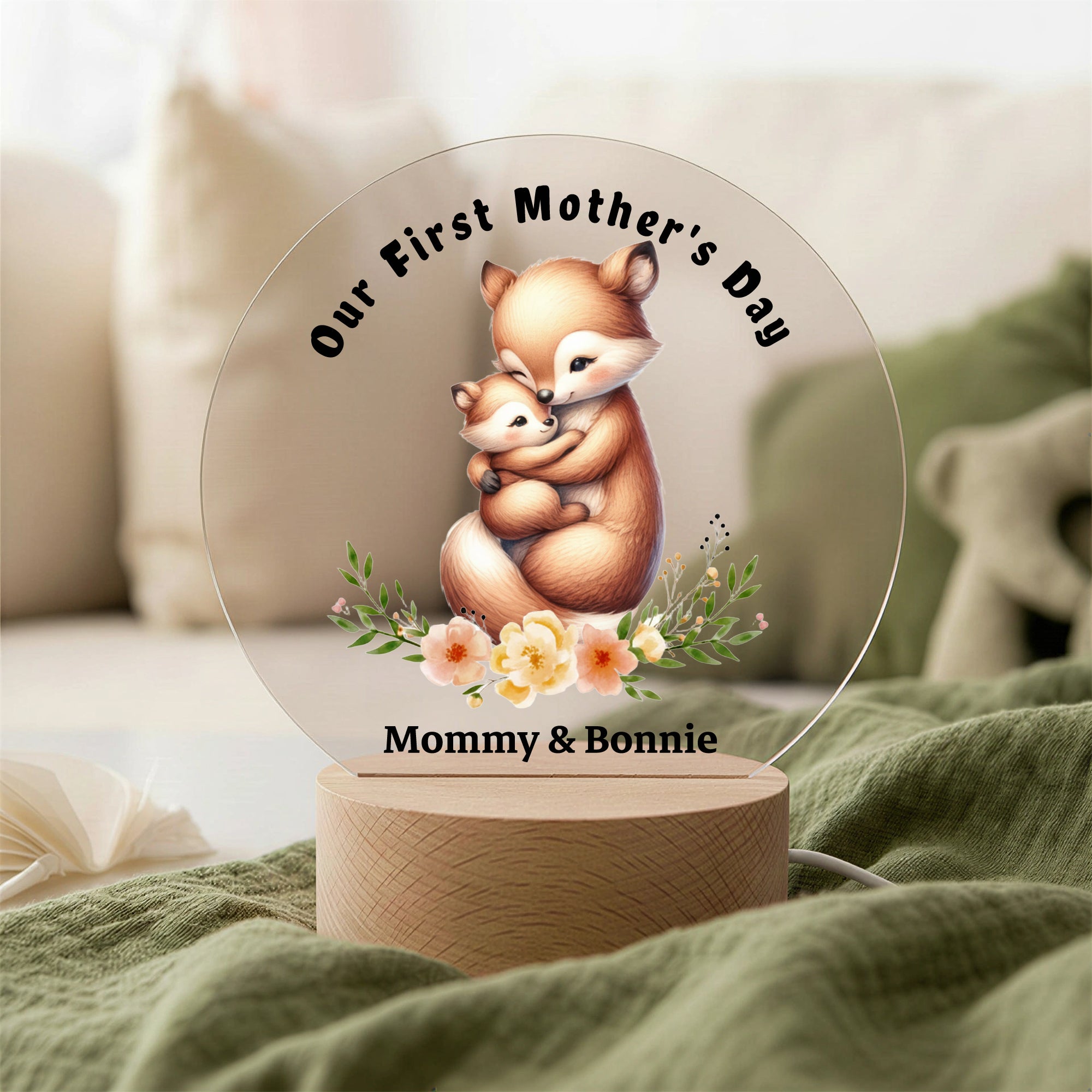Luz de Noche Acrílica Personalizada con Nombre y Base de Madera para el Primer Día de la Madre Regalo de Cumpleaños para el Día de la Madre para la Nueva Mamá