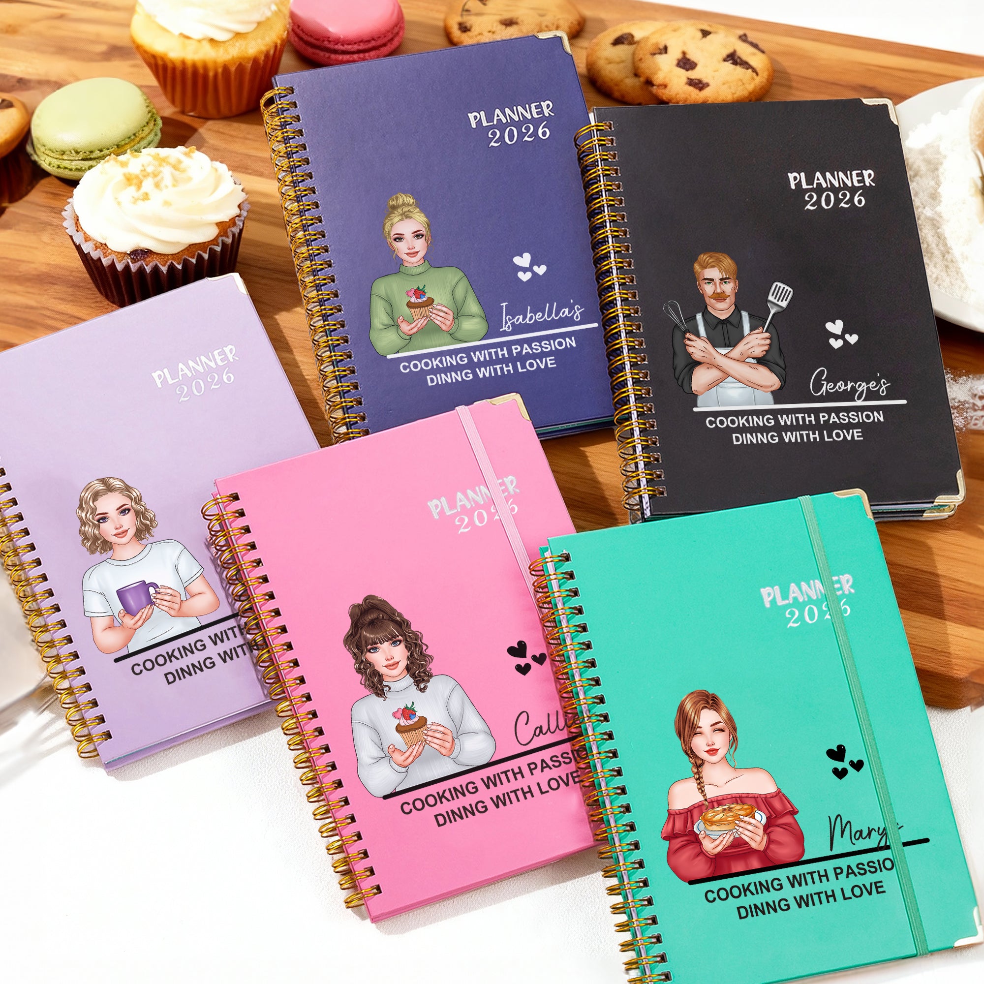 Cuaderno de espiral A5 con páginas semanales, mensuales y planificador Personalizado Corazón Caricatura Cocinero 2026 Regalo de cumpleaños para Chef