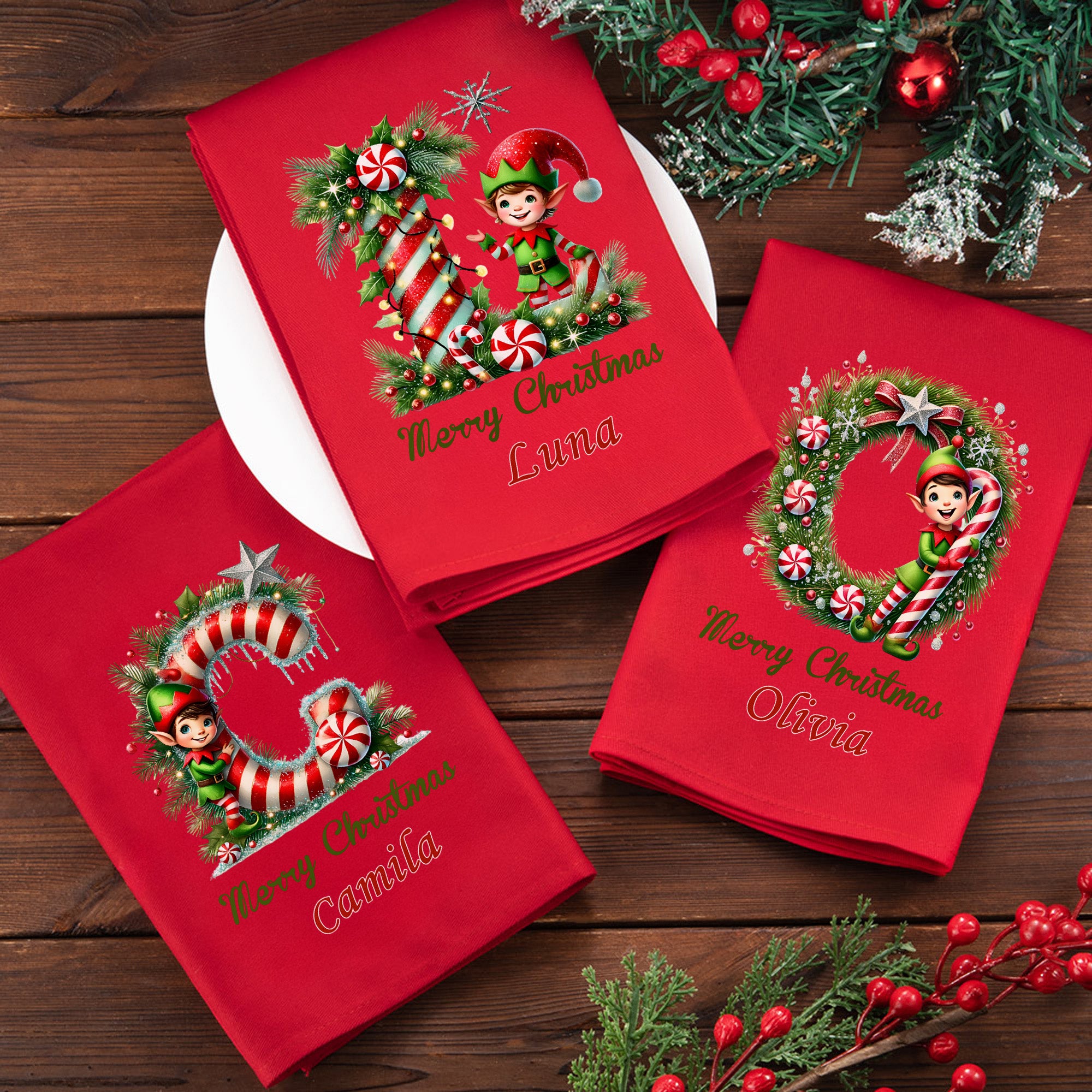 Personalizada Merry Christmas Cute Elf Initial 100% Algodón Servilleta de Navidad Roja con Nombre Decoración de Mesa Regalo de Navidad para Familia Amigos