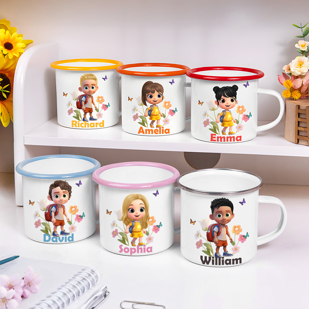 Personalizada Flor Mariposa 3D Cartoon Carácter portátil 12 oz Esmalte Taza con Nombre Aniversario Cumpleaños Regalo para Niños Niñas