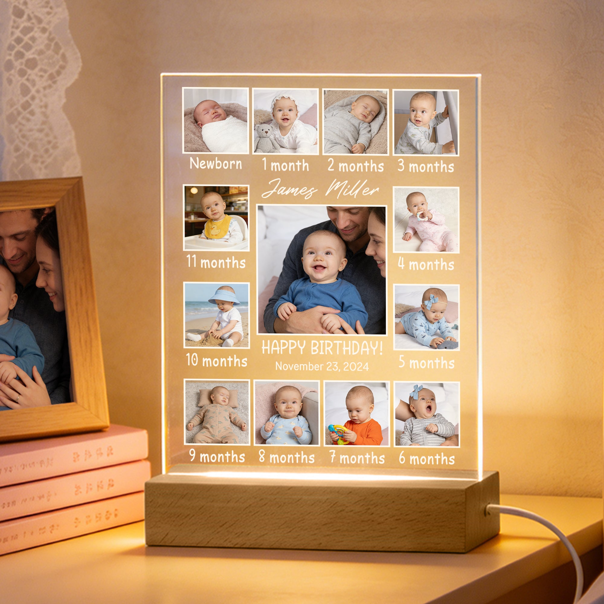 Luz de noche LED acrílica con base de madera, 13 fotos y 7 colores para personalizar los hitos de la vida del bebé Decoración para la guardería Baby Shower Regalo de cumpleaños para recién nacidos
