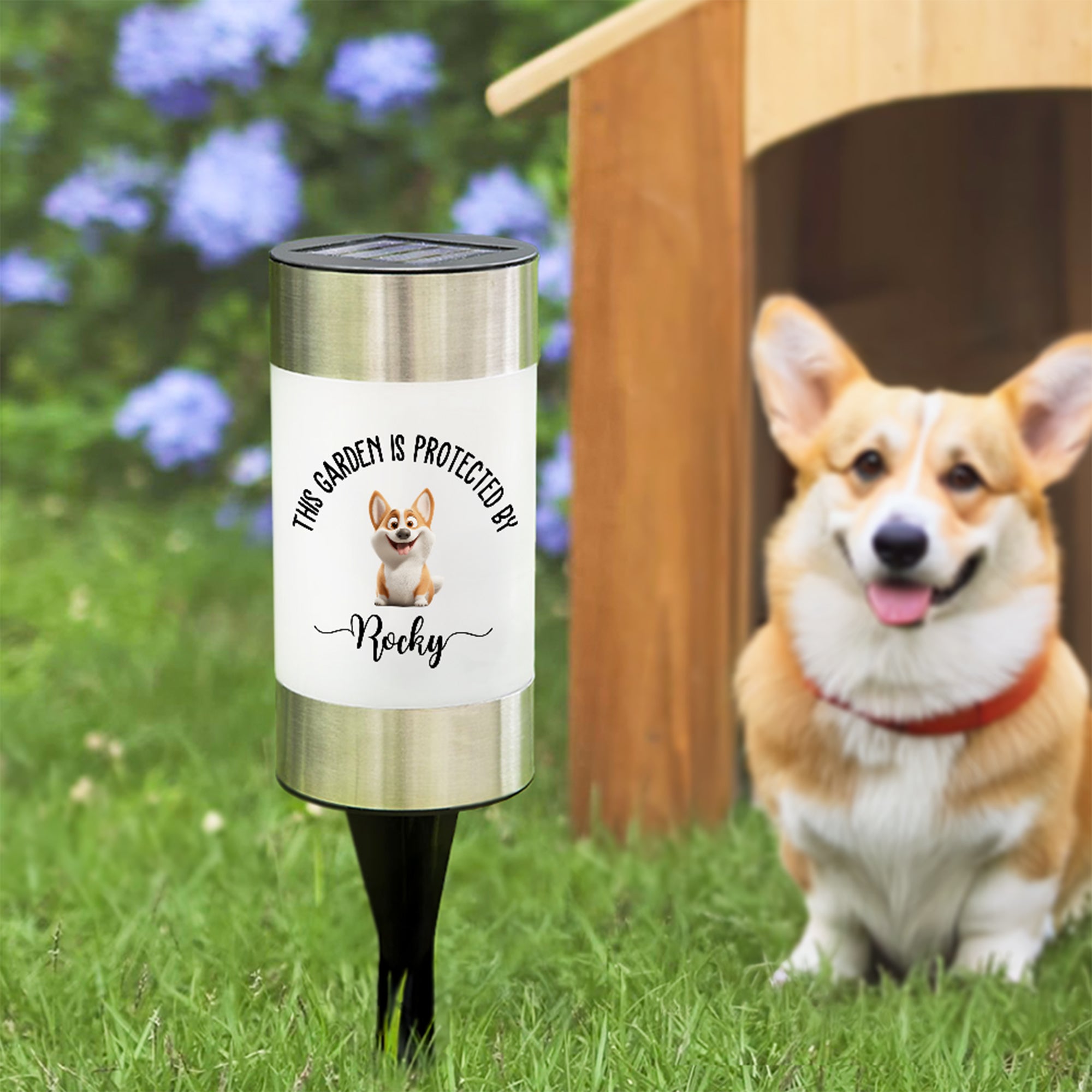 Personalizado Este jardín está protegido por un perro de dibujos animados en 3D Luz solar impermeable para jardín con nombre y texto Regalo de cumpleaños conmemorativo para los amantes de las mascotas