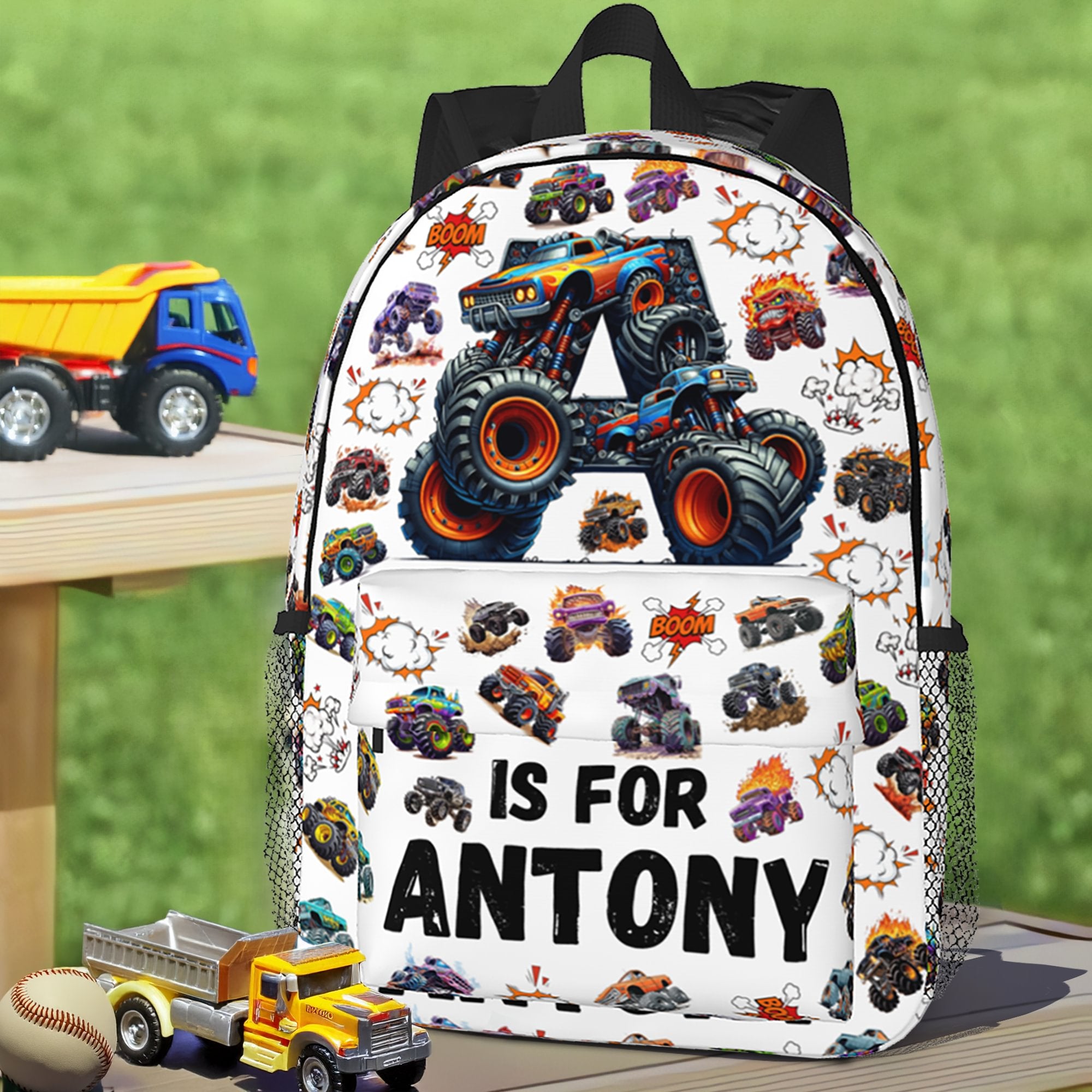 Mochila infantil grande personalizada con iniciales de camión todoterreno con nombre y bolsillos laterales Uso diario Vuelta al cole Regalo de cumpleaños para niños