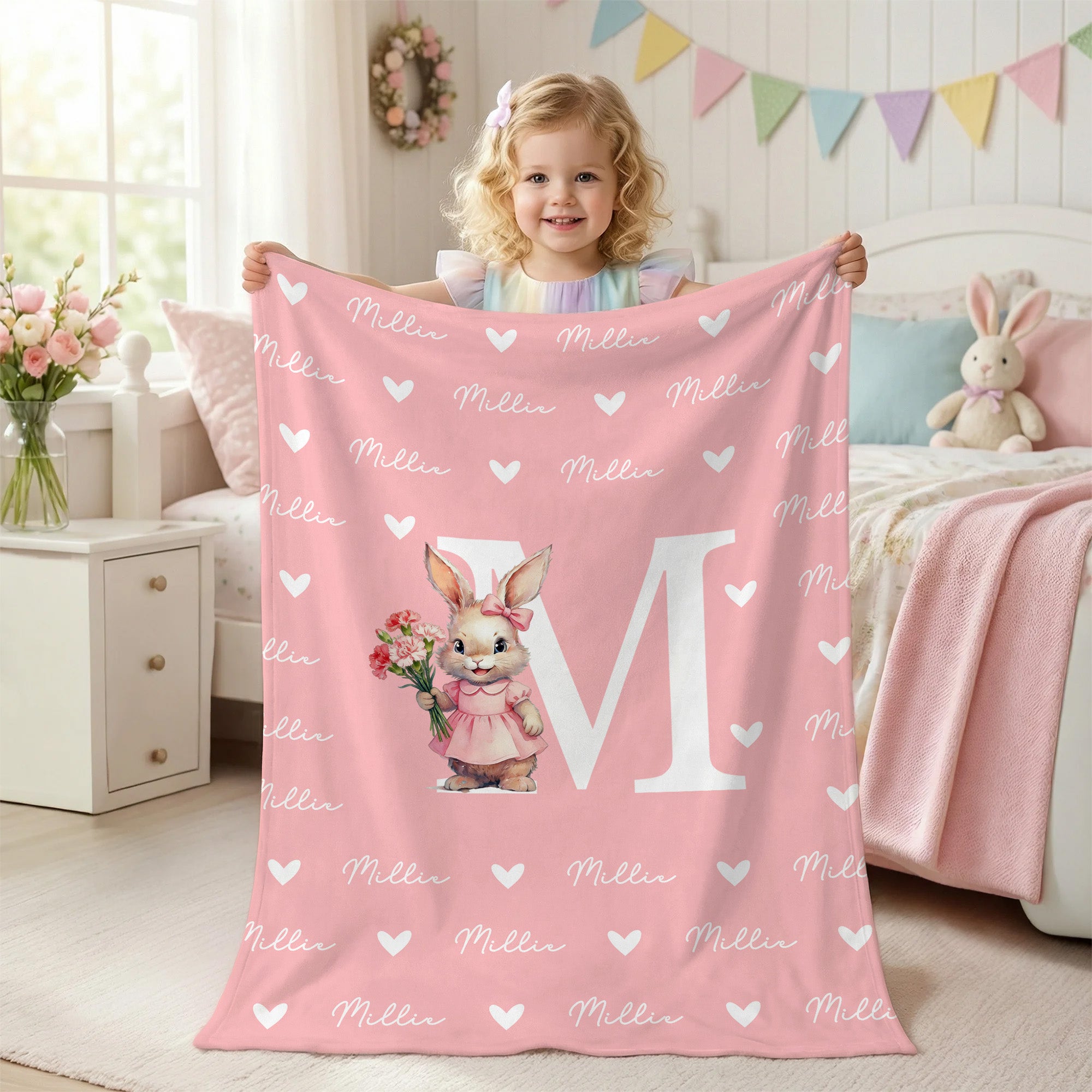 Manta de Pascua personalizada con nombre e inicial del conejo de Peter decoración del hogar Pascua Baby Shower regalo para los niños recién nacidos