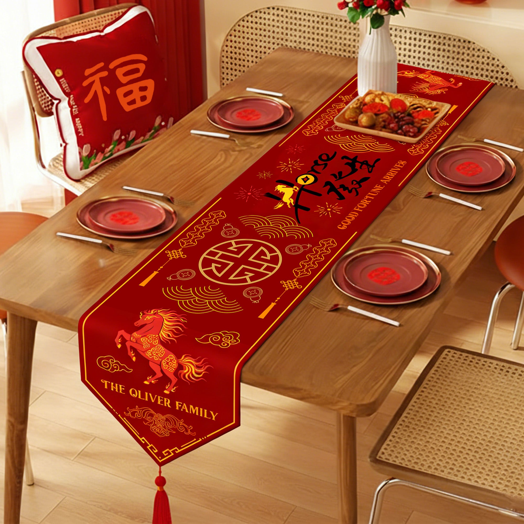 Camino de Mesa Personalizado Año Nuevo Chino Caballo con Nombre de Familia Decoración del Hogar Regalo de Navidad para Amigos de la Familia