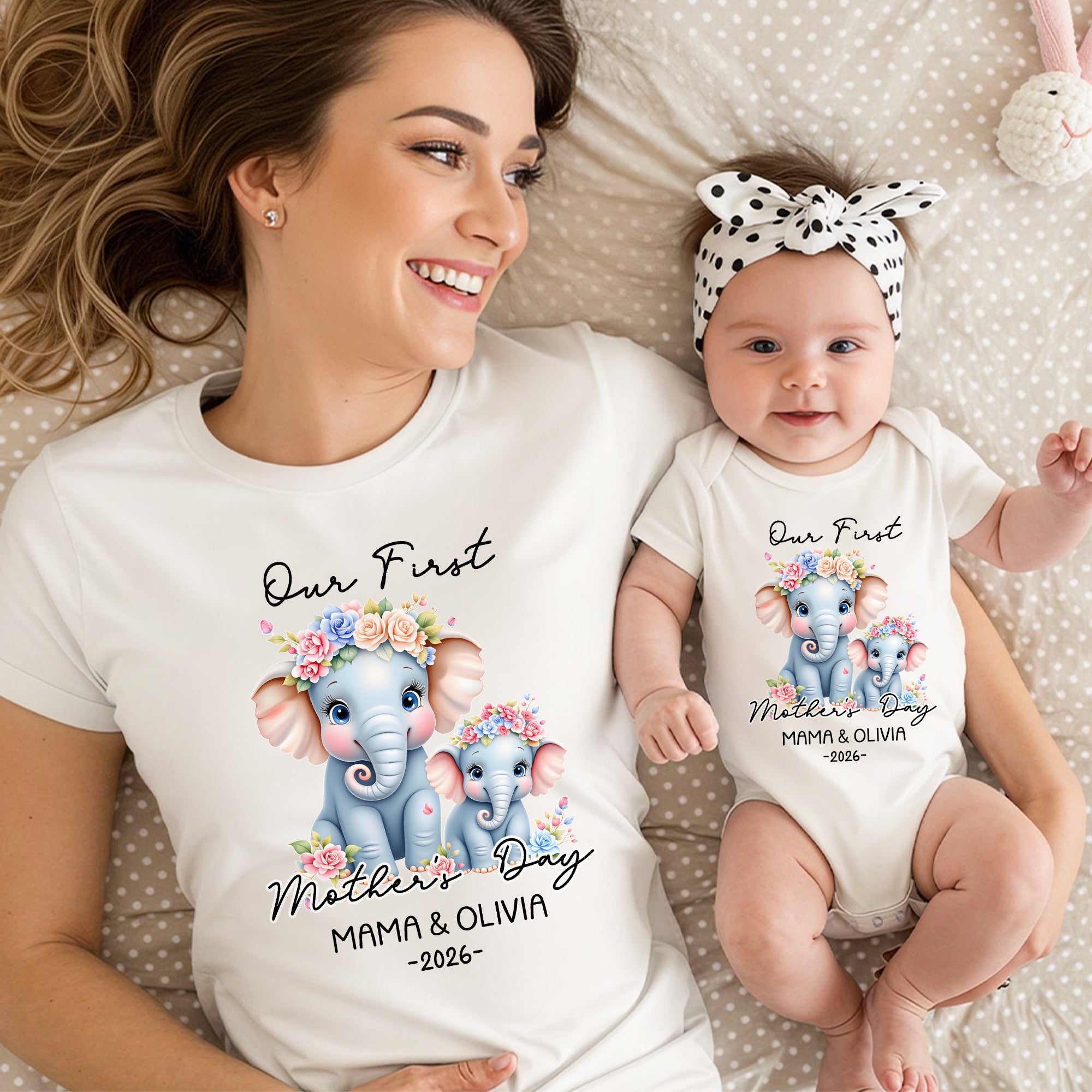 Elefante Personalizado Mamá Bebé Camiseta 100% Algodón Body Bebé con Nombre y Año a Juego 1er Regalo Día de la Madre para Mamá Recién Nacida