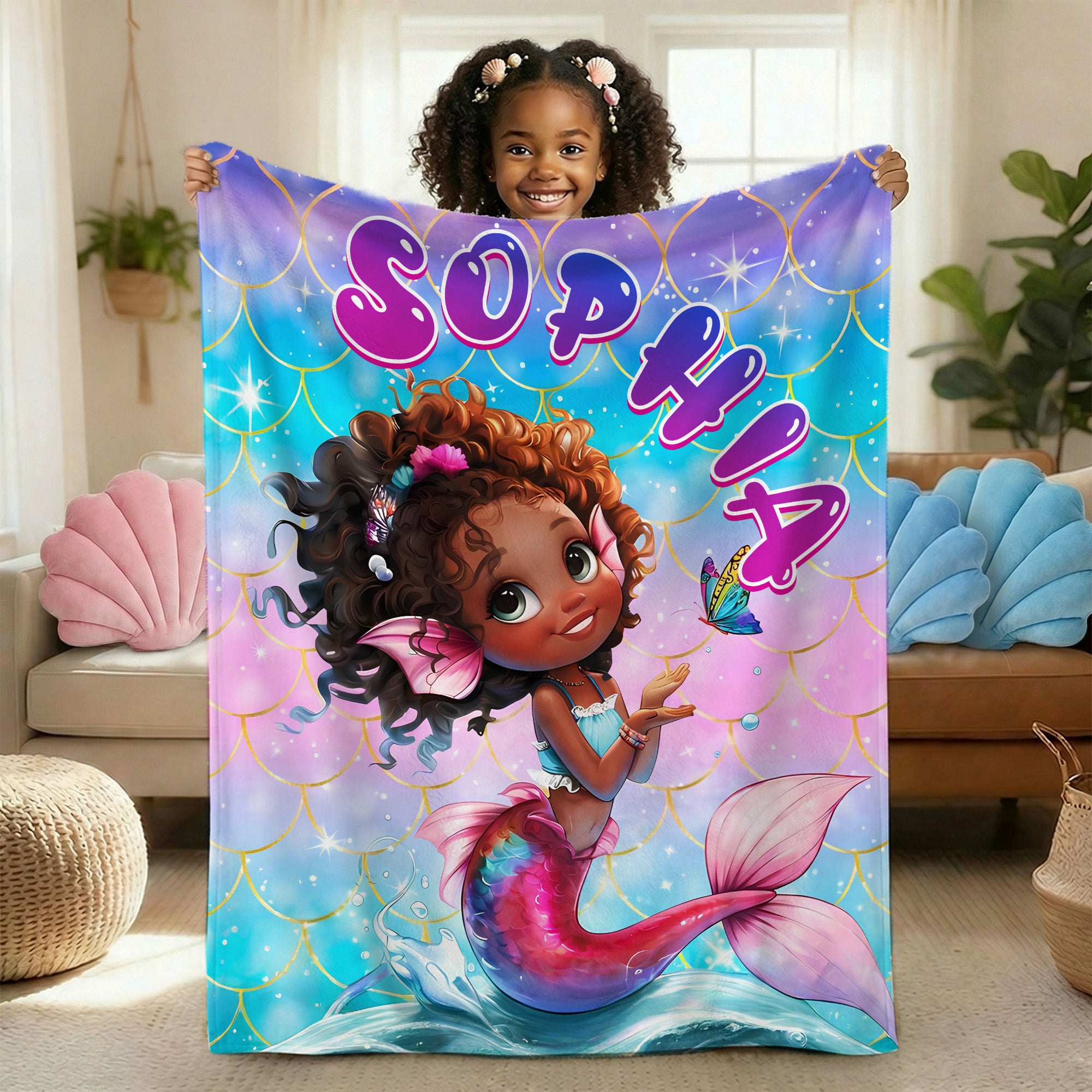 Fantasía personalizada sirena suave manta con nombre decoración del hogar regalo de cumpleaños para el amante de la sirena de la muchacha negra