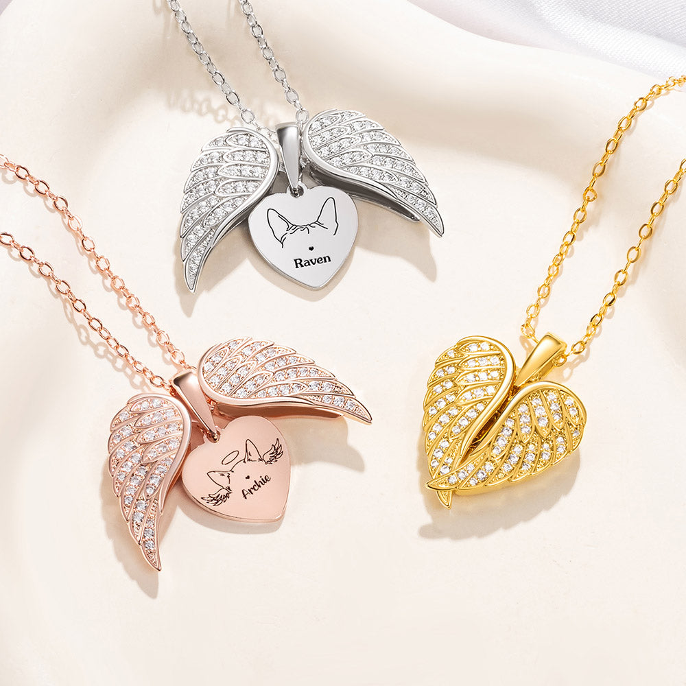 Personalizado Dainty Angel Wings Dog Cat Ears Outline Heart Necklace with Engraved Name Birthday Pet Loss Memorial Gift for Pet Owners Lovers