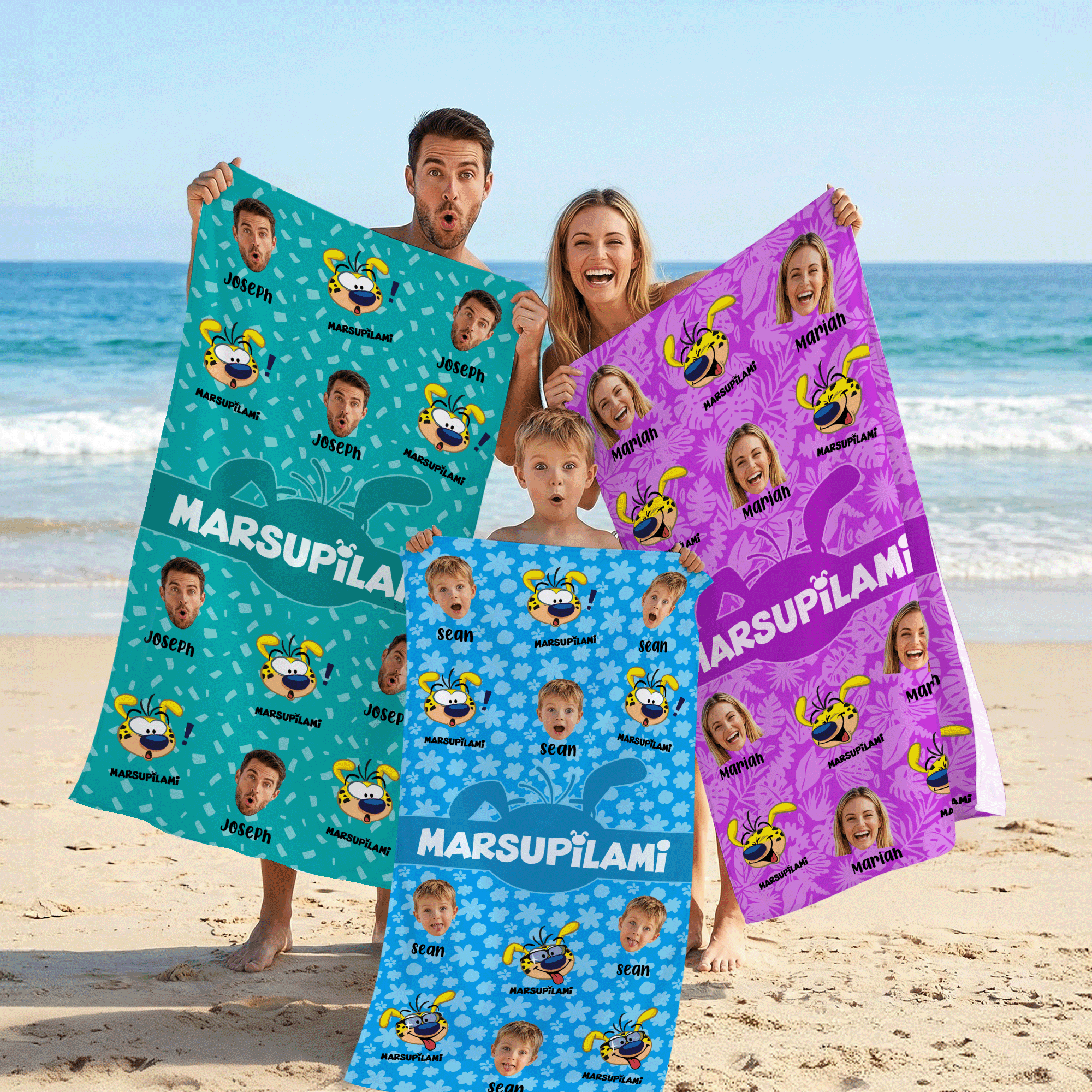 Toalla de playa de secado rápido personalizada con 1-6 fotos de caras de Marsupilami con expresión facial y nombre Regalo de cumpleaños para niños Familia | Callie × Marsupilami